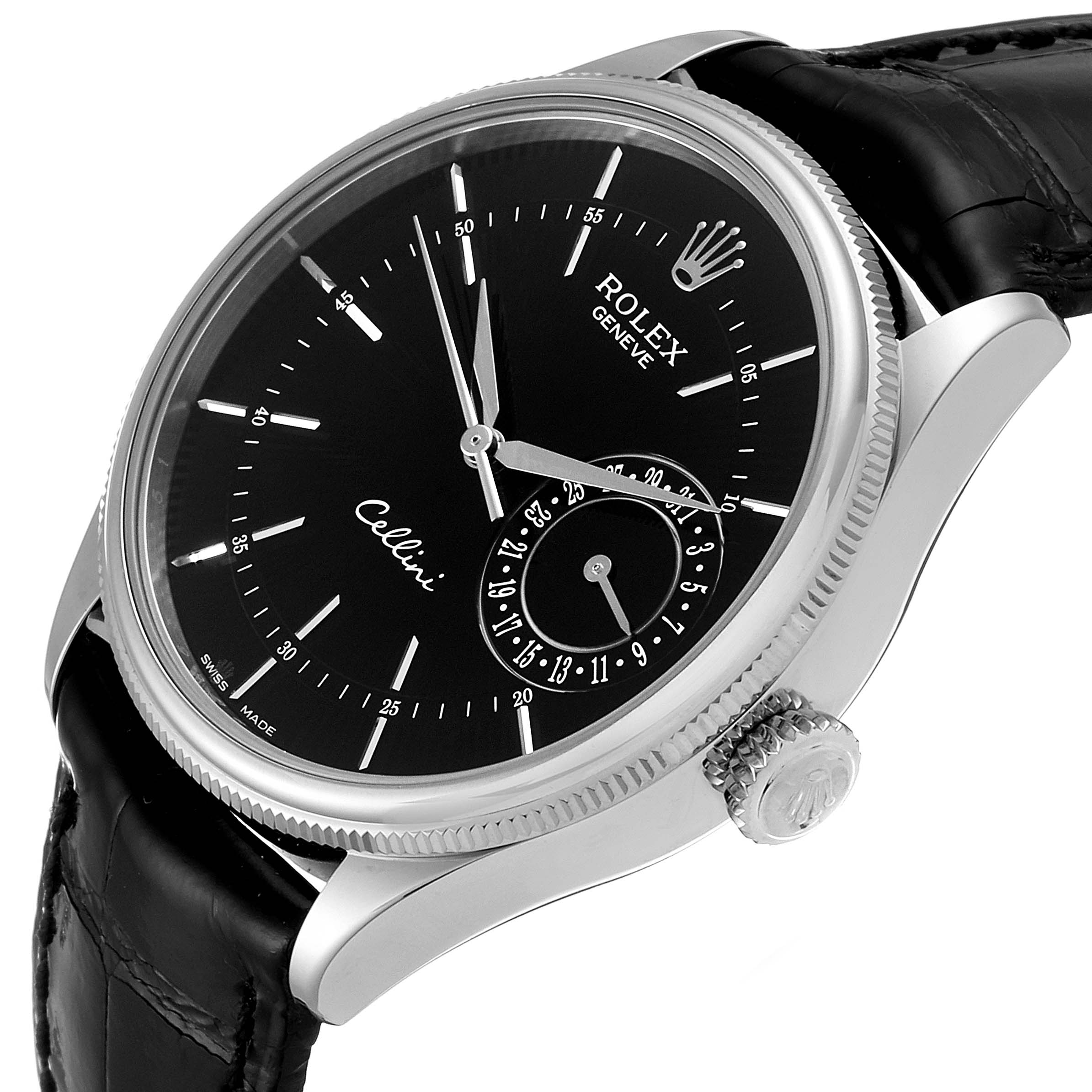 This image shows a Rolex Cellini 50519 Men's White Gold Black Dial 50519 Men's White Gold Black Dial watch at an angled view, highlighting its black dial, crown, and case.