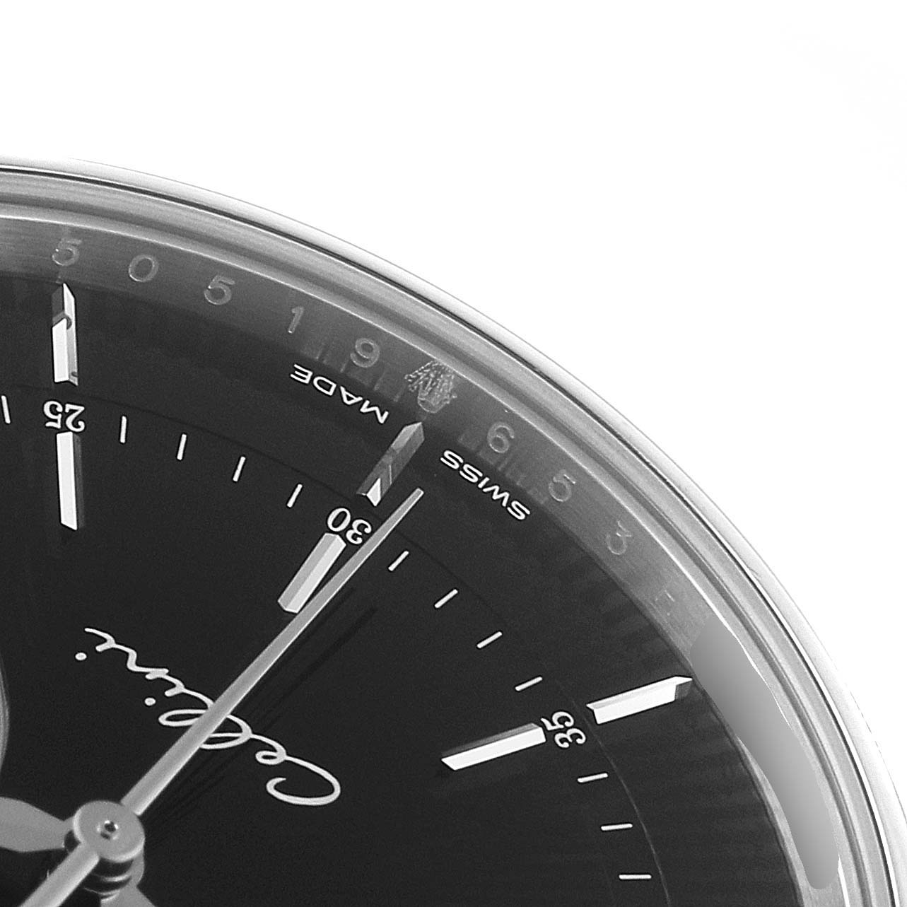 The image shows a close-up shot of the dial and hour markers of a Rolex Cellini 50519 Men's White Gold Black Dial 50519 Men's White Gold Black Dial watch, focused on the 5 to 7 o'clock positions.