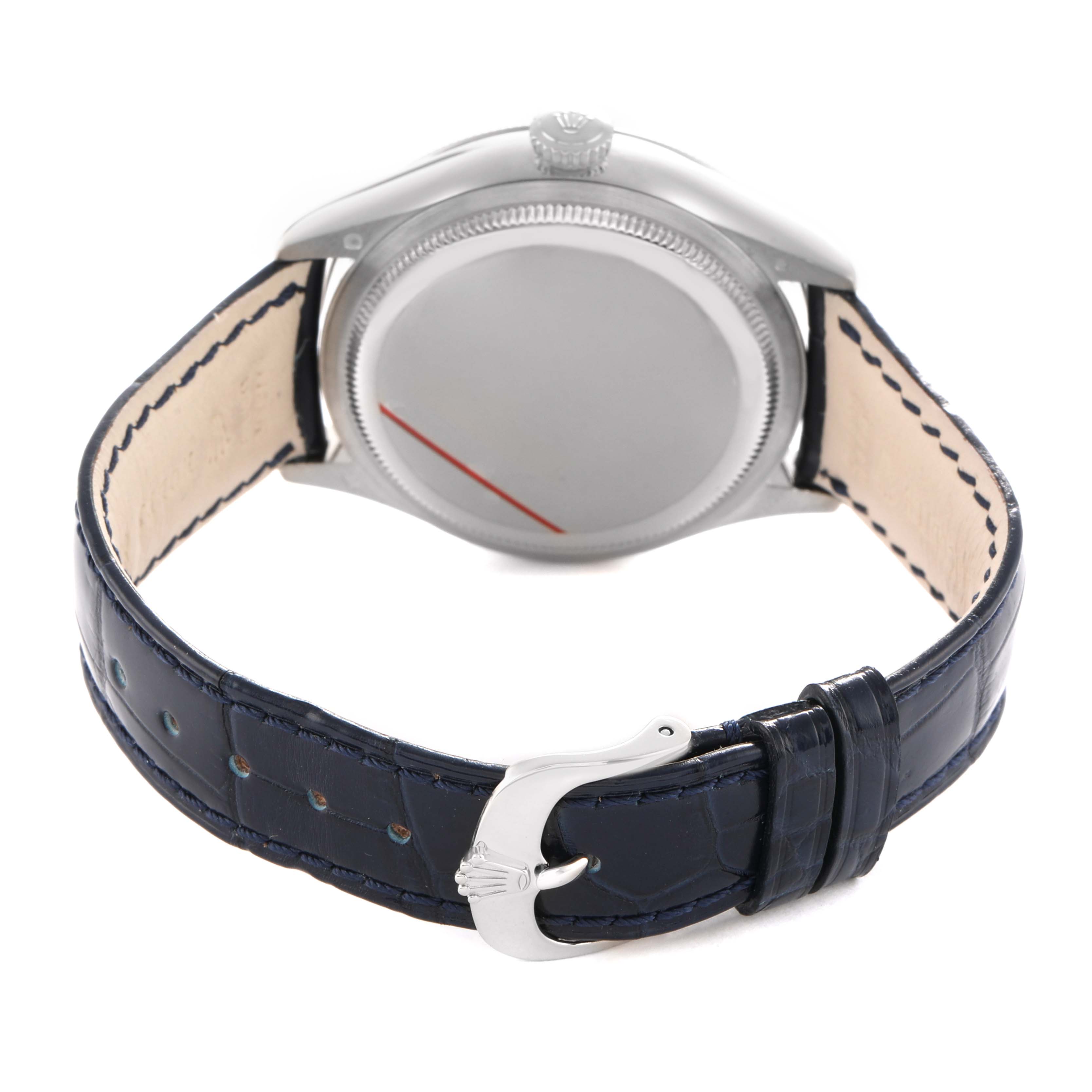 The Rolex Cellini 50519 Men's White Gold Blue Dial watch is shown from the back, highlighting the case, crown, and blue leather strap with a clasp.