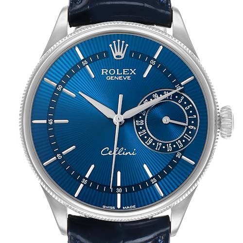 The Rolex Cellini 50519 Men's White Gold Blue Dial watch is shown from the front, highlighting the blue dial, markers, hands, subdial, and crown.