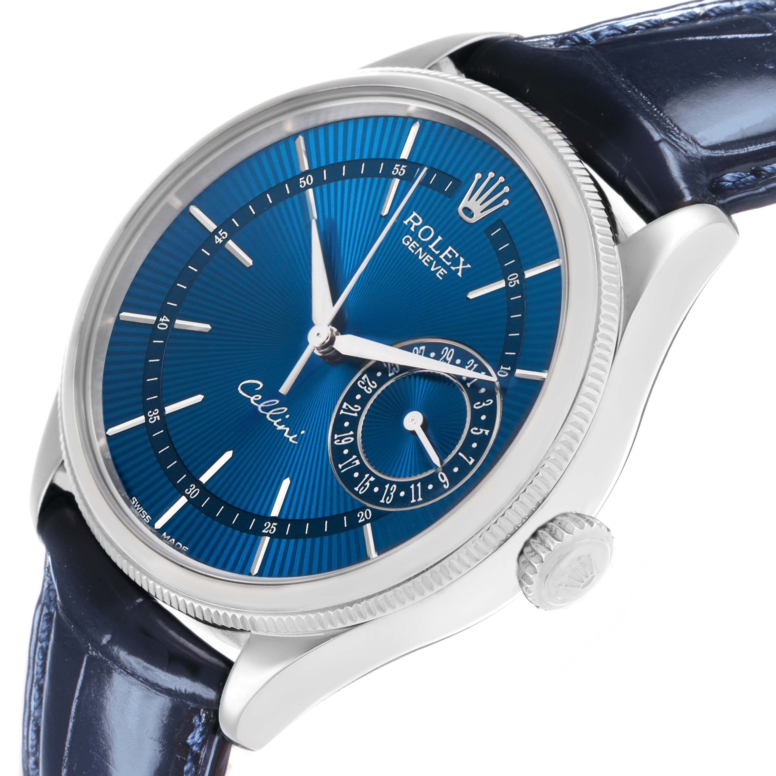 The Rolex Cellini 50519 Men's White Gold Blue Dial watch is shown at a slight angle, highlighting its blue dial, silver indices, and textured crown.