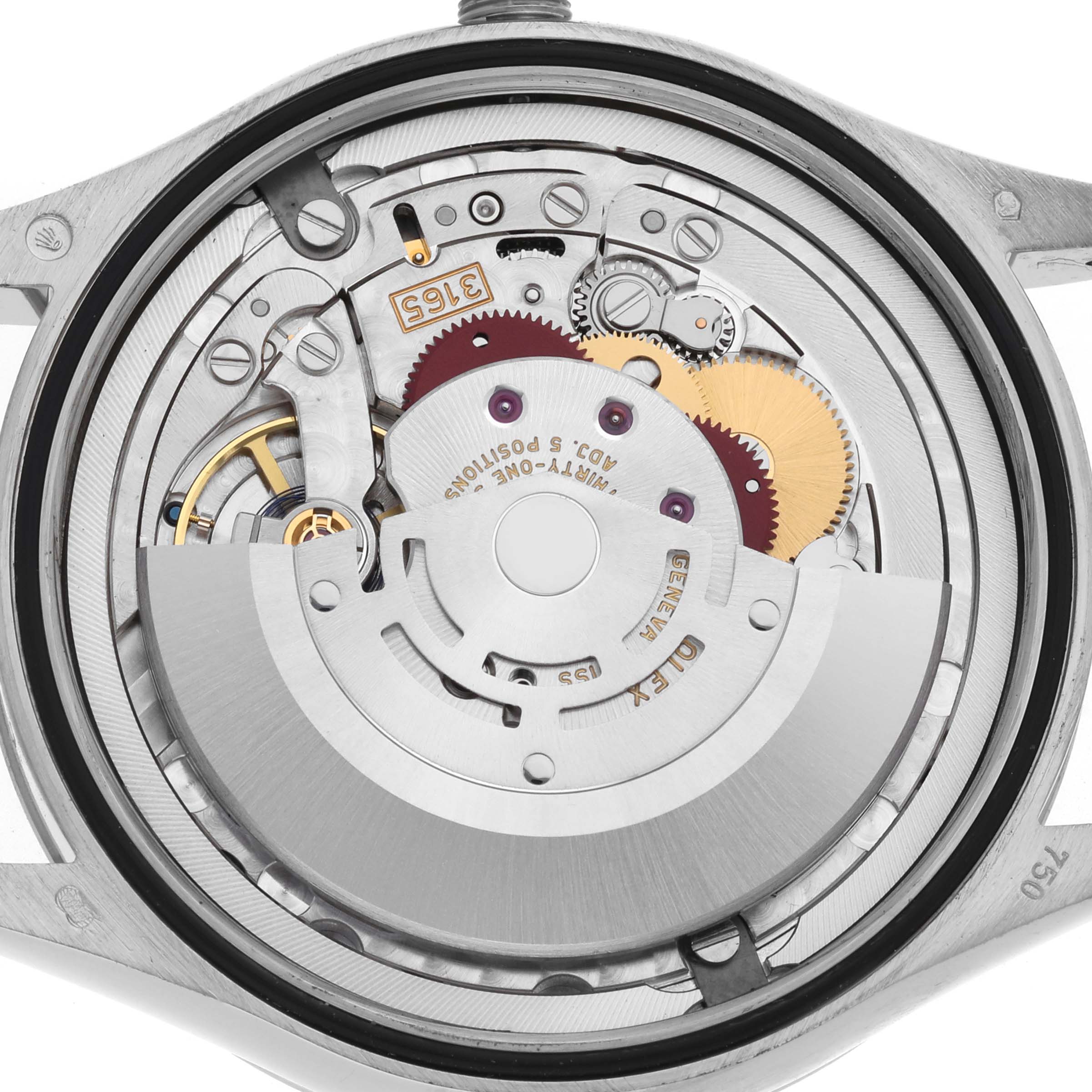 The image shows the internal mechanism of a Rolex Cellini 50519 Men's White Gold Blue Dial watch from a back view, highlighting gears and movement components.