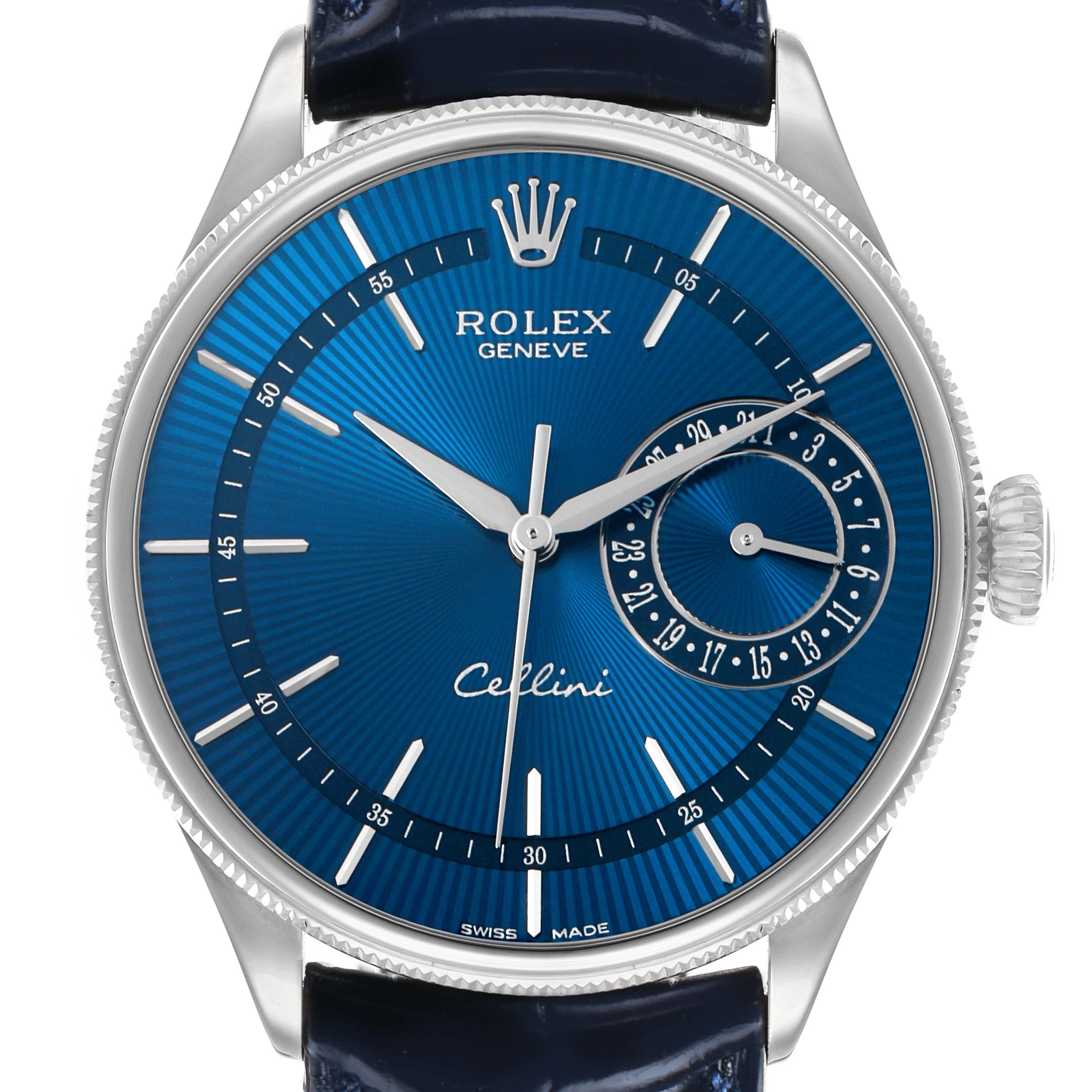 The Rolex Cellini 50519 Men's White Gold Blue Dial watch is shown from a front angle, displaying the blue dial, hands, indices, and case with a side view of the crown.