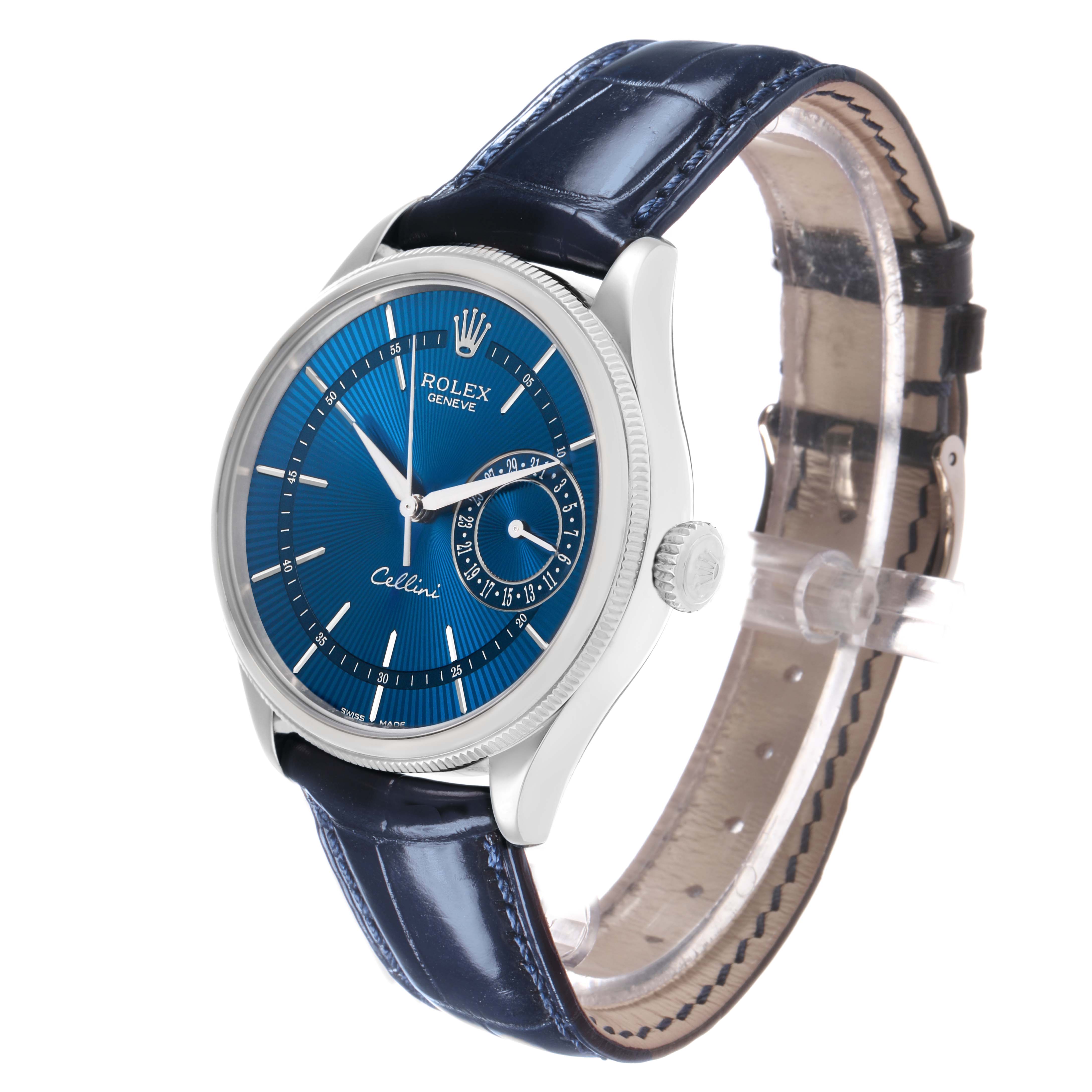 The Rolex Cellini 50519 Men's White Gold Blue Dial watch is shown from a three-quarter view highlighting the face, bezel, crown, and leather strap.