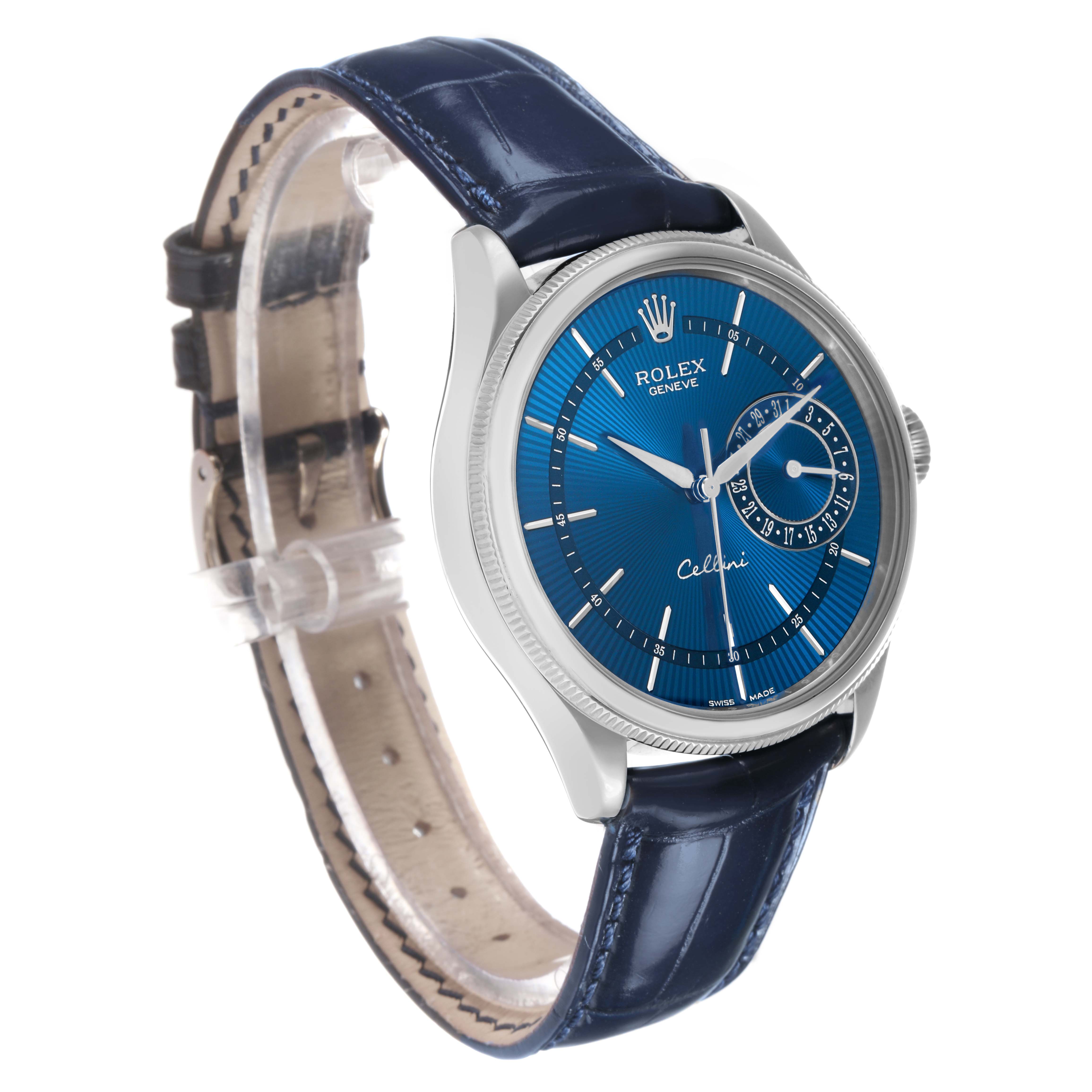 The Rolex Cellini 50519 Men's White Gold Blue Dial watch is shown in a side-angle view, highlighting its blue dial, silver case, and blue leather strap.