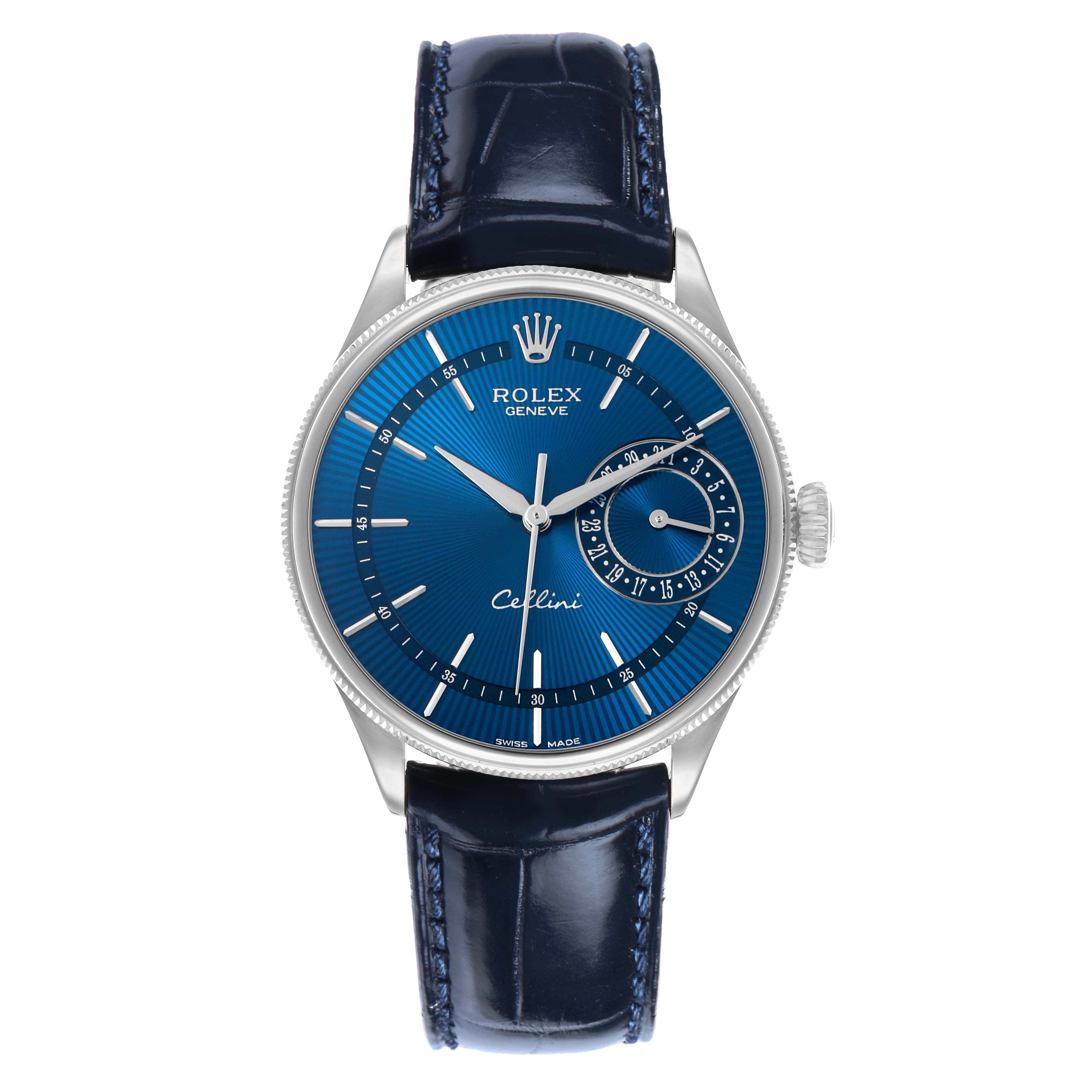 The Rolex Cellini 50519 Men's White Gold Blue Dial watch is shown front-facing, highlighting the dial, case, and strap.