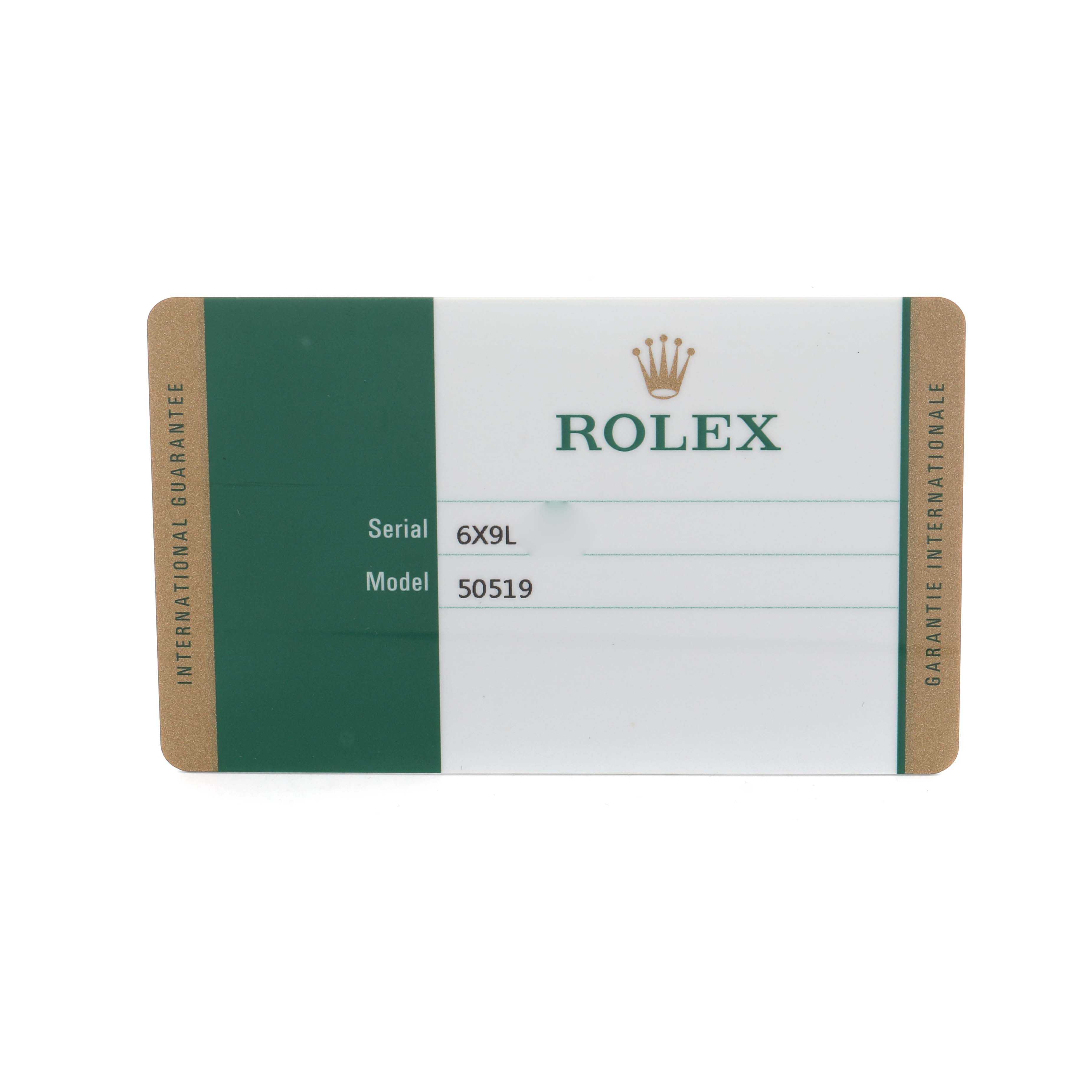 The image shows a Rolex Cellini 50519 Men's White Gold Blue Dial model guarantee card, viewed from the front.