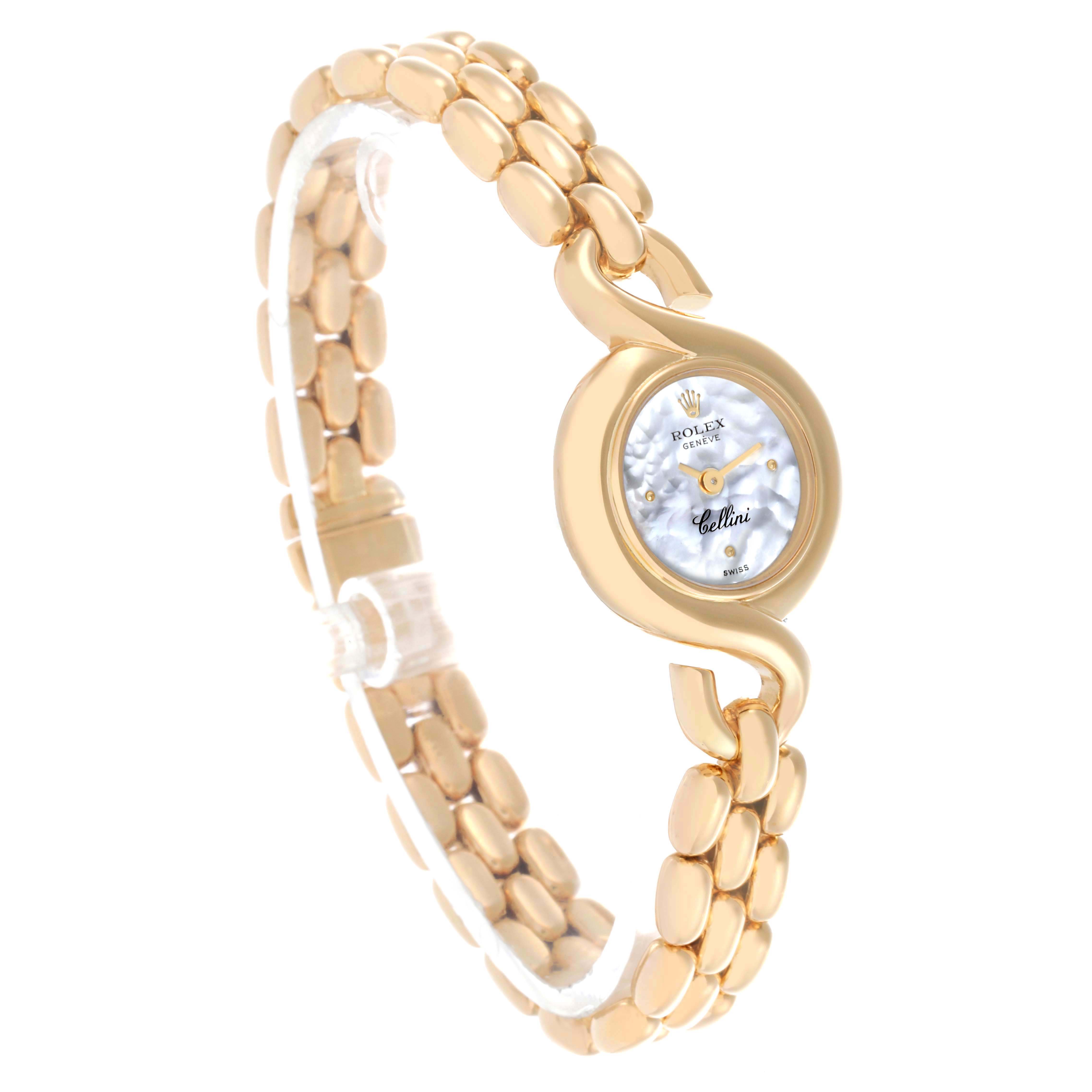 The Rolex Cellini 2035 Women
s Yellow Gold Mother of Pearl Dial 2035 Women
s Yellow Gold Mother of Pearl Dial watch is shown at a three-quarter angle, highlighting the face and bracelet in gold.