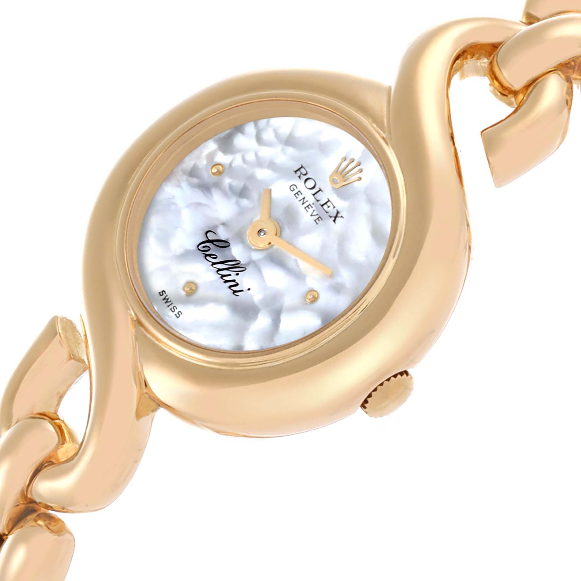 The Rolex Cellini 2035 Women
s Yellow Gold Mother of Pearl Dial 2035 Women
s Yellow Gold Mother of Pearl Dial watch is shown from an angled close-up, highlighting the dial, case, crown, and part of the bracelet.