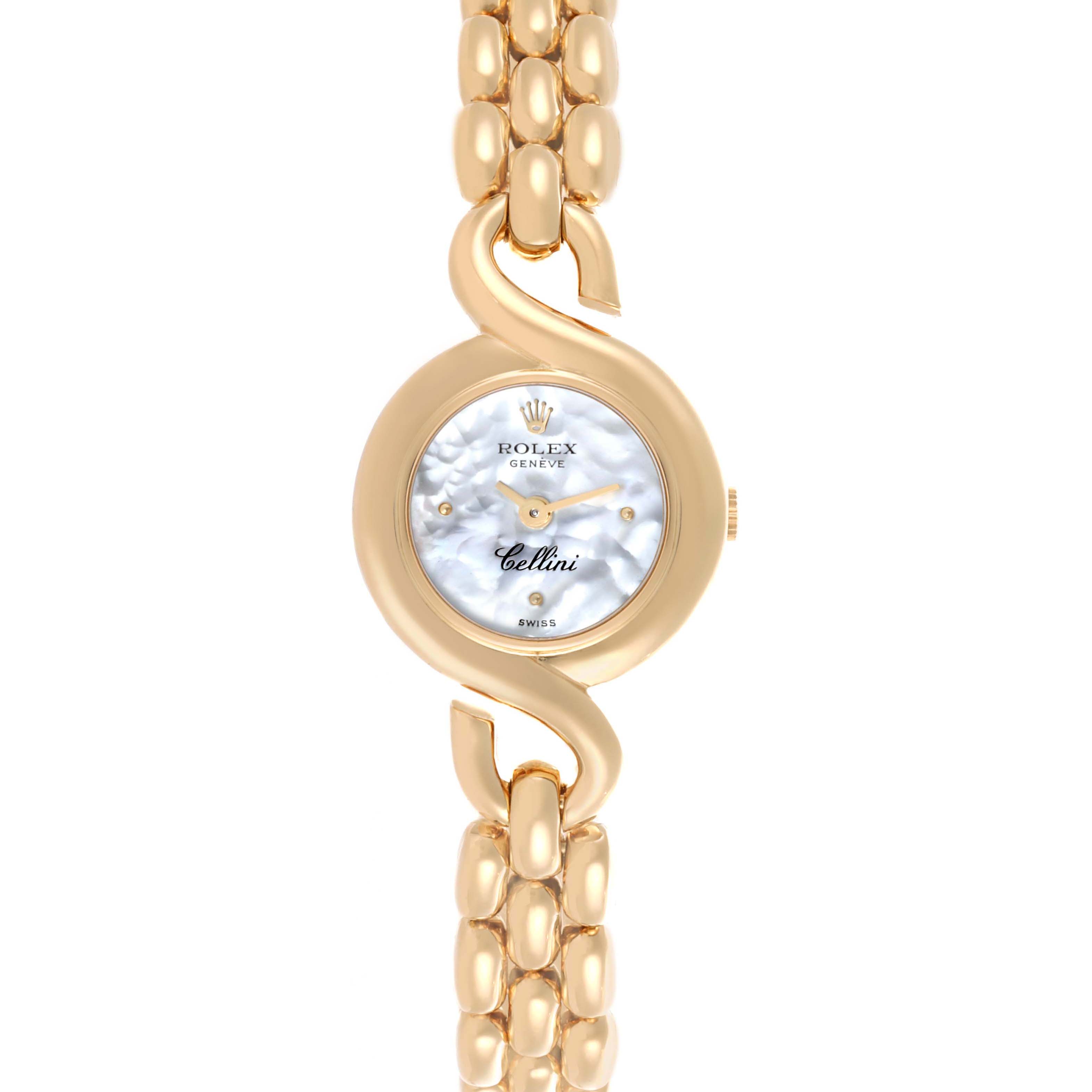 The Rolex Cellini 2035 Women
s Yellow Gold Mother of Pearl Dial 2035 Women
s Yellow Gold Mother of Pearl Dial watch is shown from the front, highlighting its round face and elegant gold bracelet.