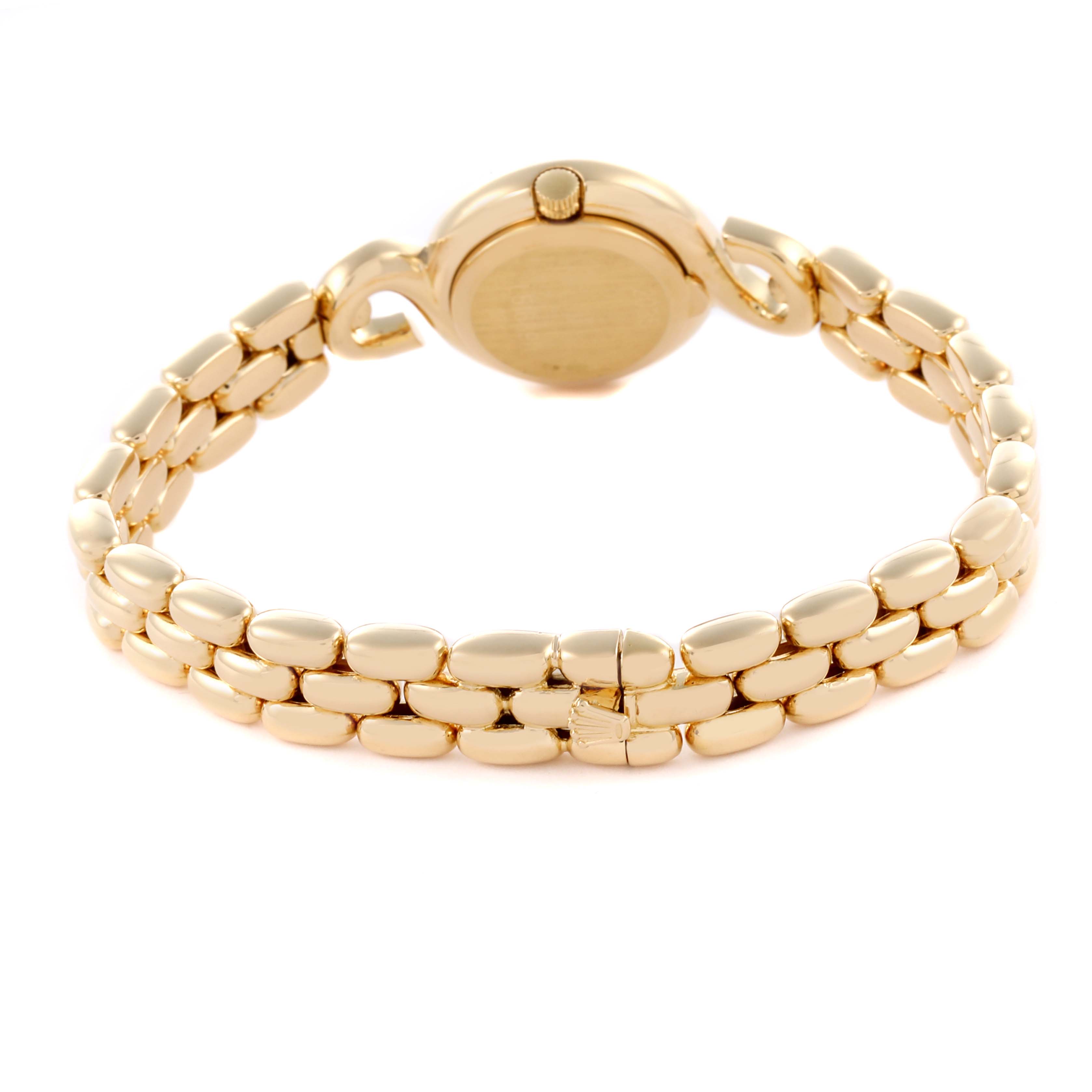 The image shows the back view of the Rolex Cellini 2035 Women
s Yellow Gold Mother of Pearl Dial 2035 Women
s Yellow Gold Mother of Pearl Dial watch, highlighting its gold bracelet and case back.