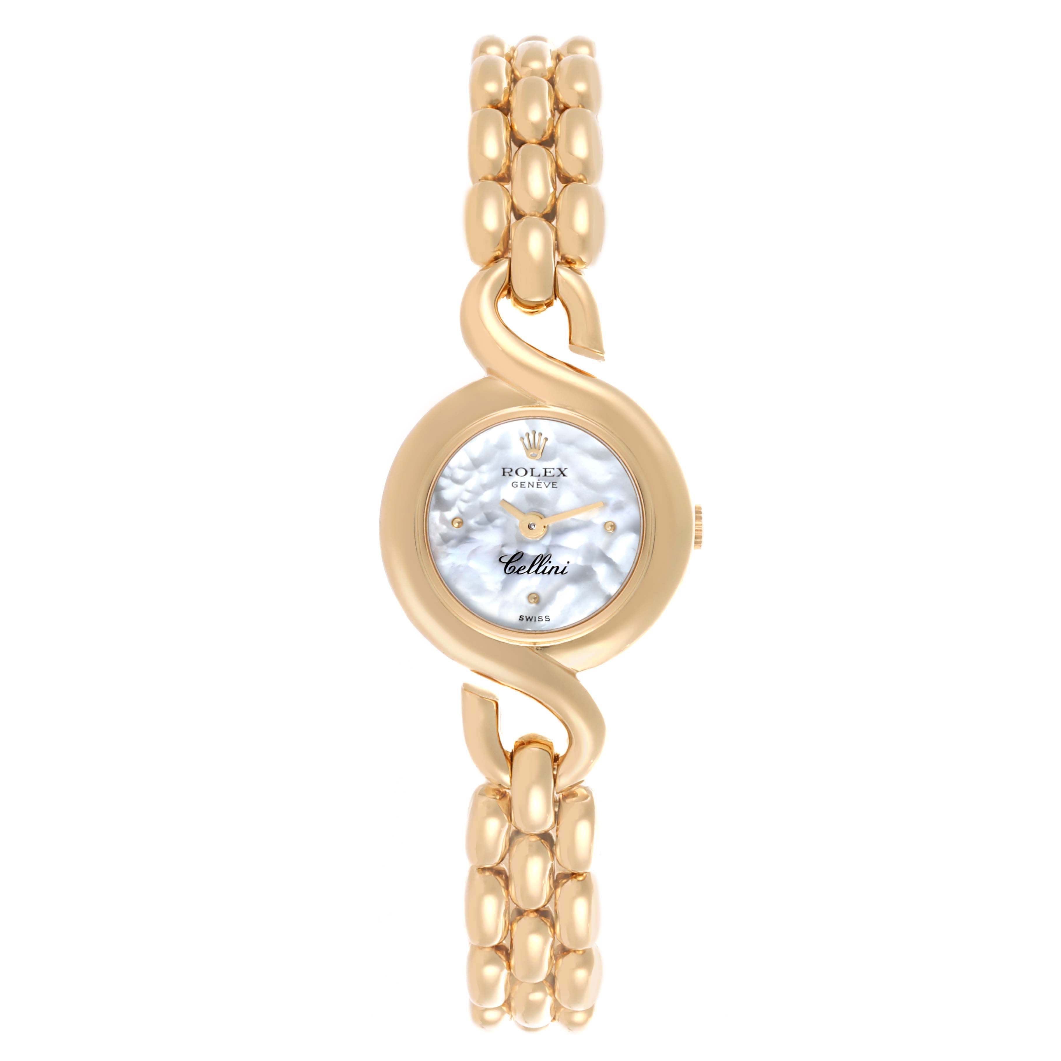 The Rolex Cellini 2035 Women
s Yellow Gold Mother of Pearl Dial 2035 Women
s Yellow Gold Mother of Pearl Dial watch is shown from the front, displaying its mother-of-pearl dial and unique gold bracelet.