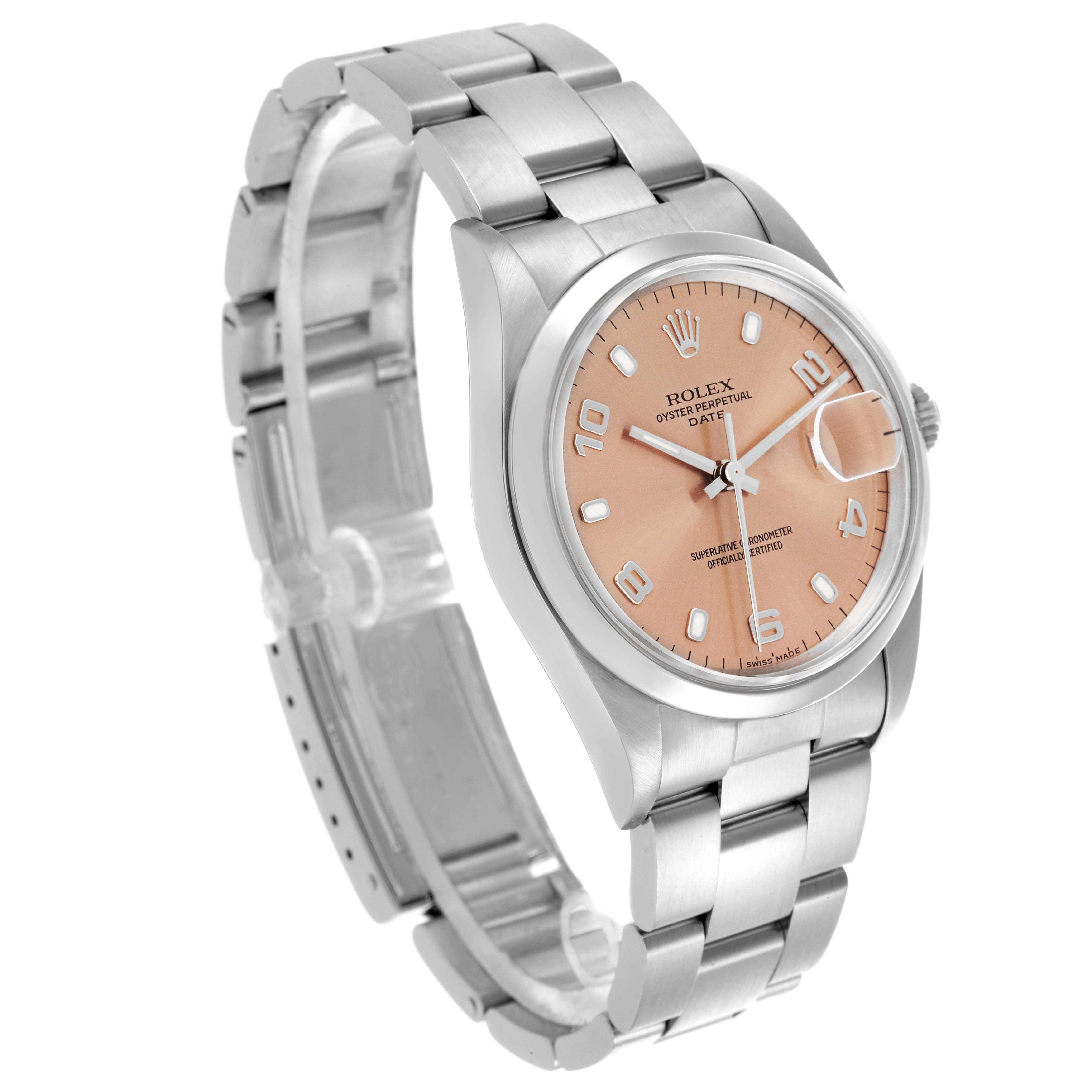 The Rolex Date 15200 Men's Stainless Steel Pink Dial 15200 Men's Stainless Steel Pink Dial model watch is shown at a three-quarter angle, displaying the face, bezel, case, and bracelet.