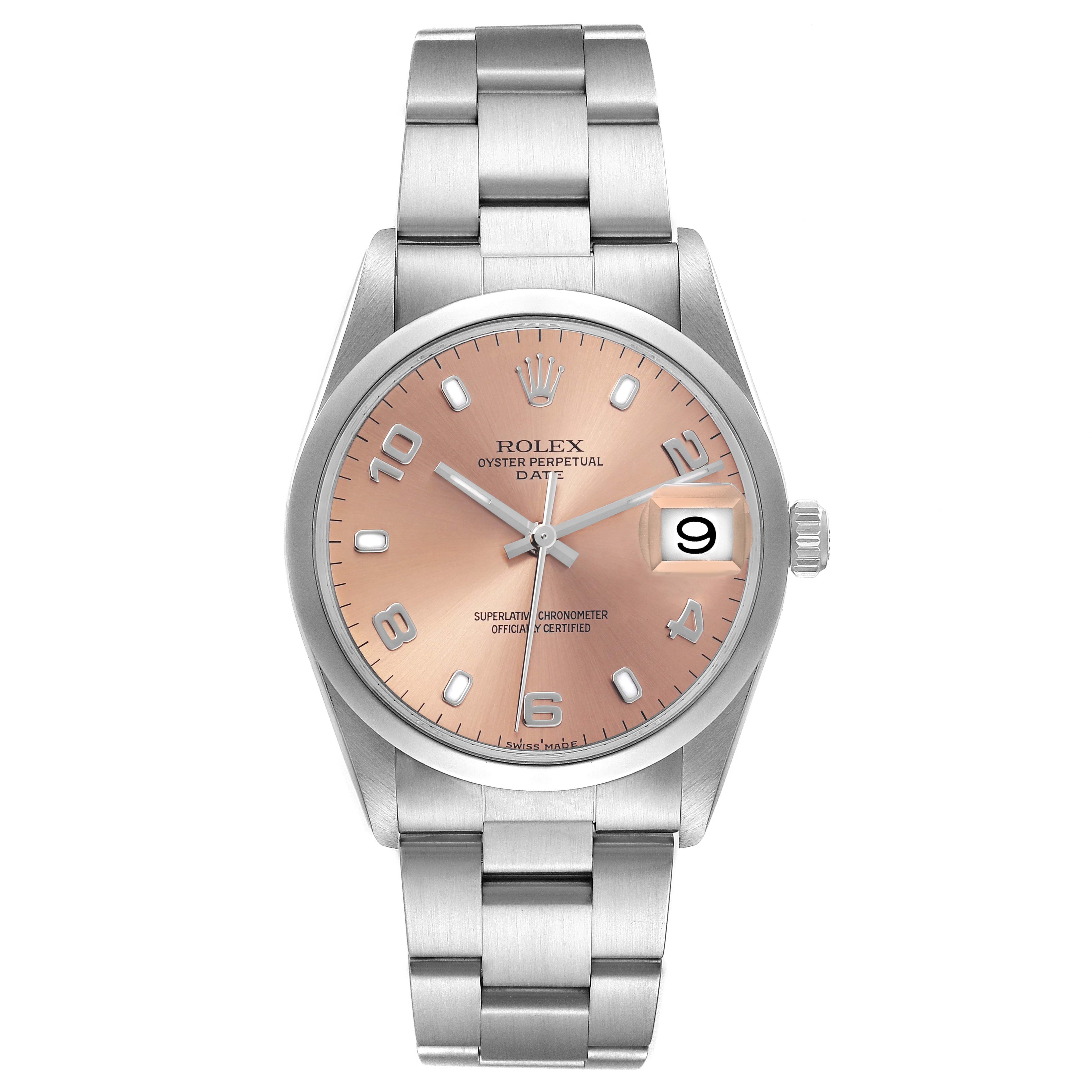 The Rolex Date 15200 Men's Stainless Steel Pink Dial 15200 Men's Stainless Steel Pink Dial watch is shown from the front, displaying the face, bezel, crown, bracelet, and date window.