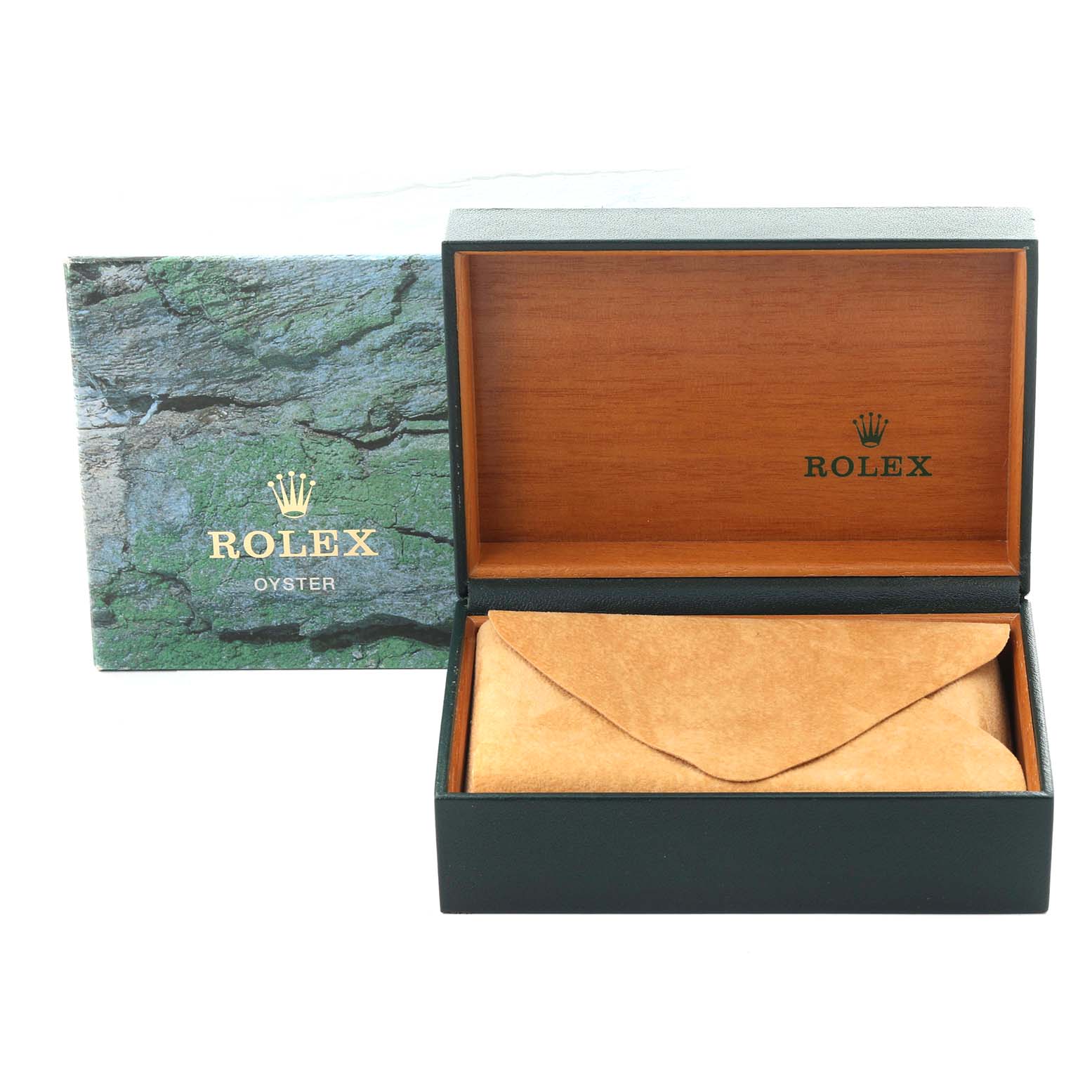 The image shows a Rolex Date 15200 Men's Stainless Steel Pink Dial 15200 Men's Stainless Steel Pink Dial model watch box and case, with an open interior and packaging.