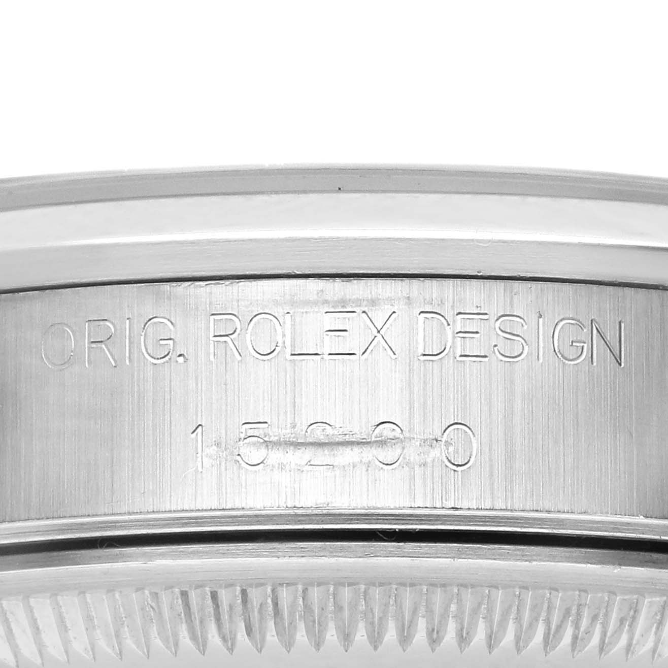 The image shows the engraved side of the case of a Rolex Date 15200 Men's Stainless Steel Pink Dial 15200 Men's Stainless Steel Pink Dial model, highlighting its model number.