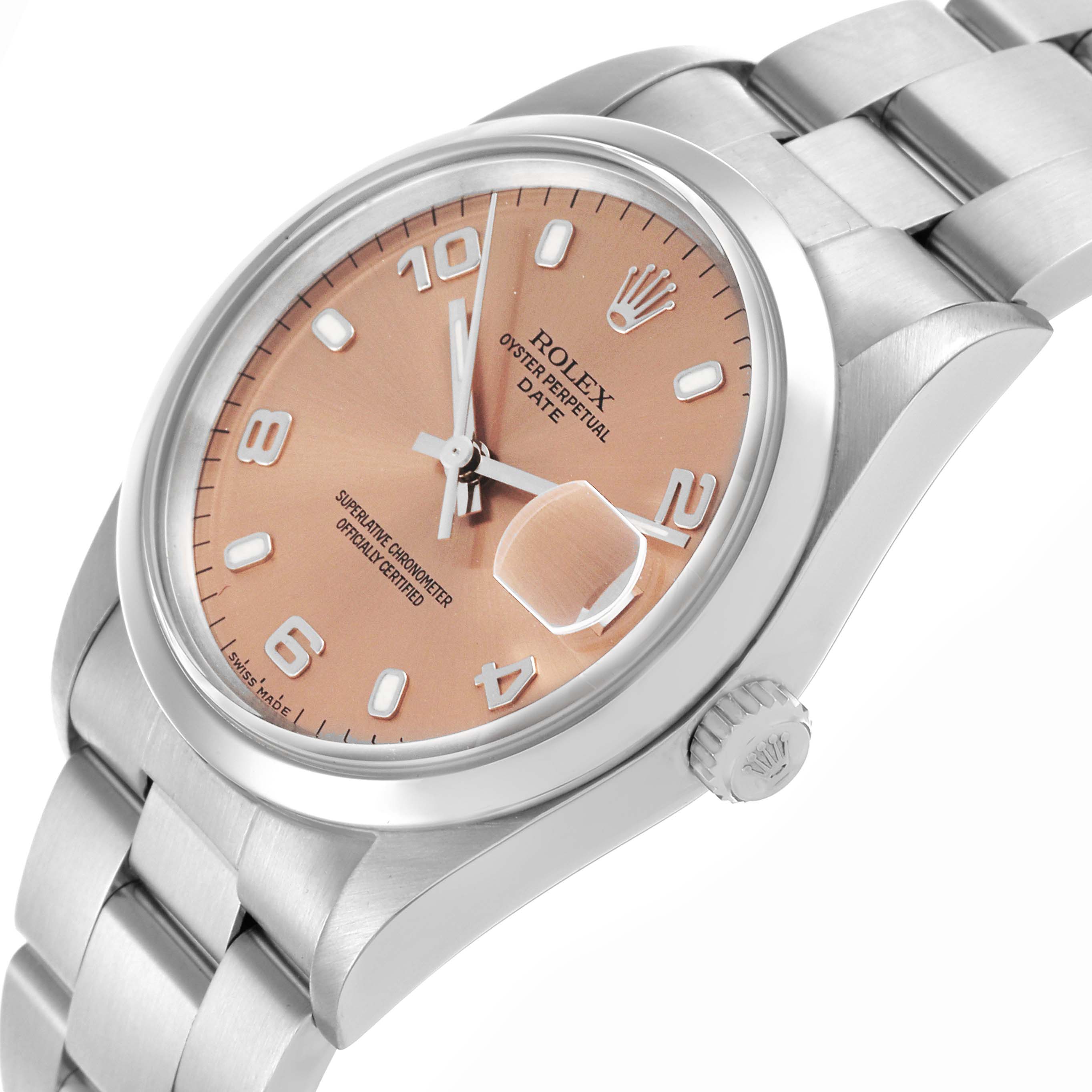 The image shows a Rolex Date 15200 Men's Stainless Steel Pink Dial 15200 Men's Stainless Steel Pink Dial model watch from an angled perspective, highlighting the dial, crown, and bracelet.