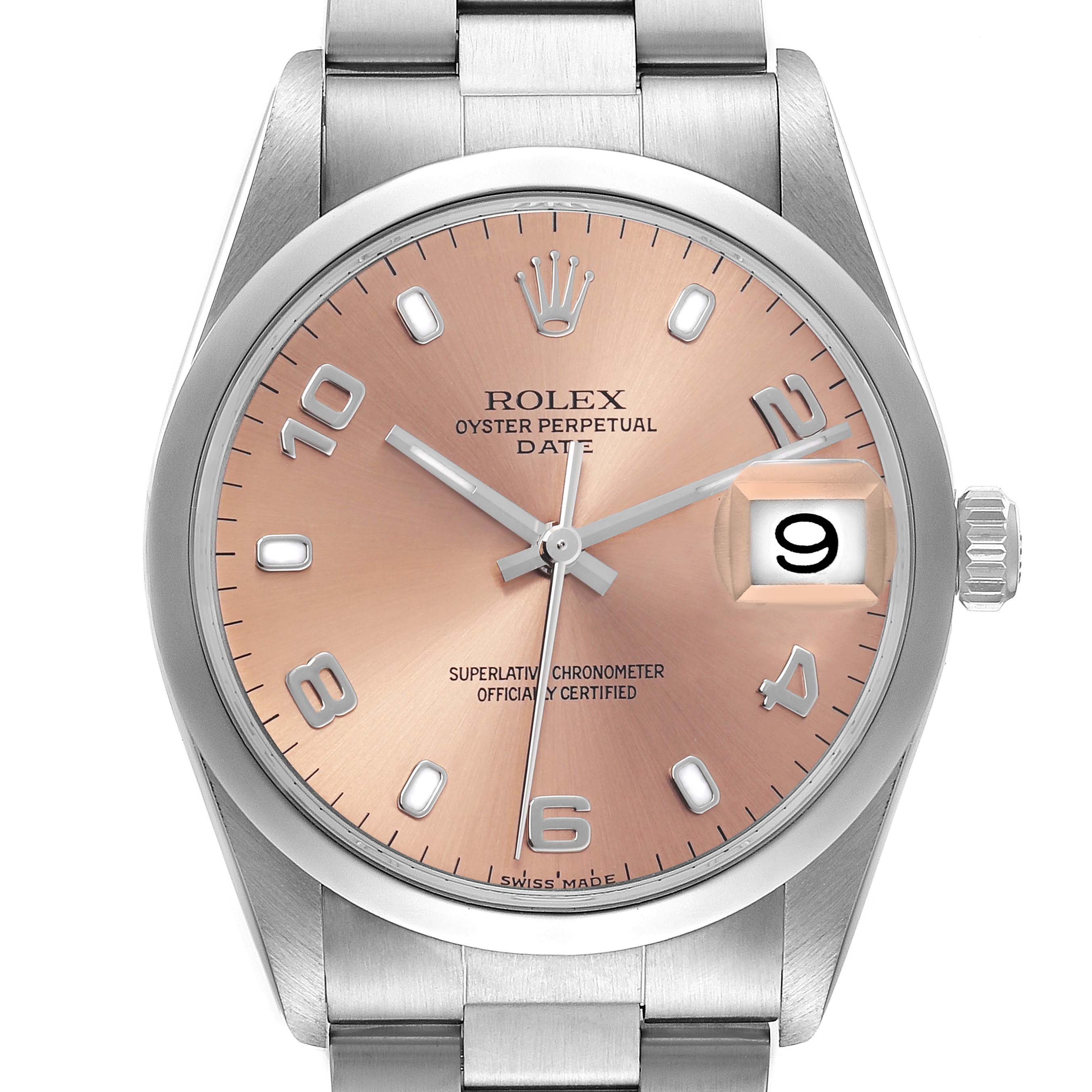 The Rolex Date 15200 Men's Stainless Steel Pink Dial 15200 Men's Stainless Steel Pink Dial watch is shown from a top-down angle, displaying its face, crown, and part of the bracelet.