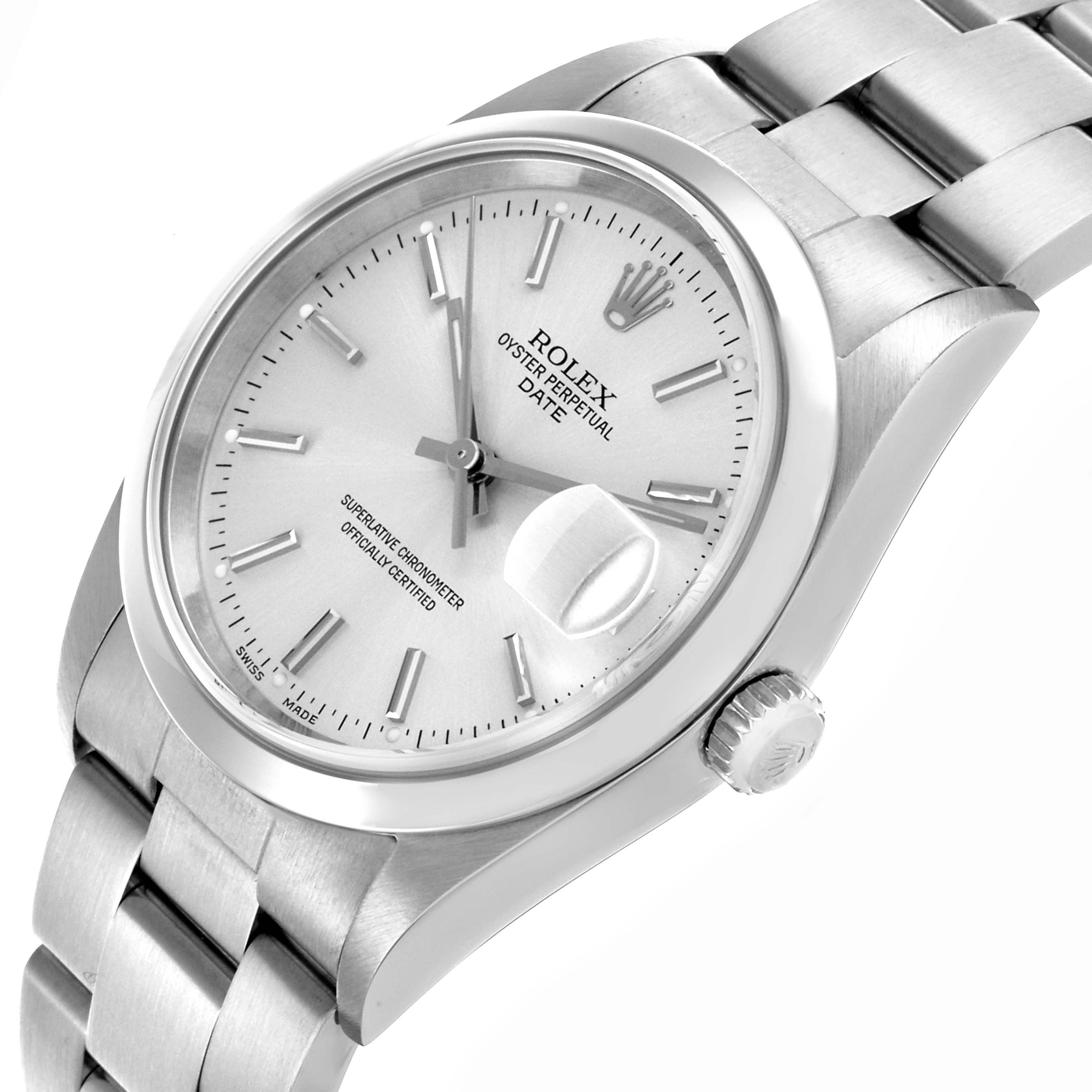 The Rolex Date 15200 Men's Stainless Steel Silver Dial 15200 Men's Stainless Steel Silver Dial watch is shown at an angled view highlighting the dial, bezel, crown, and part of the bracelet.
