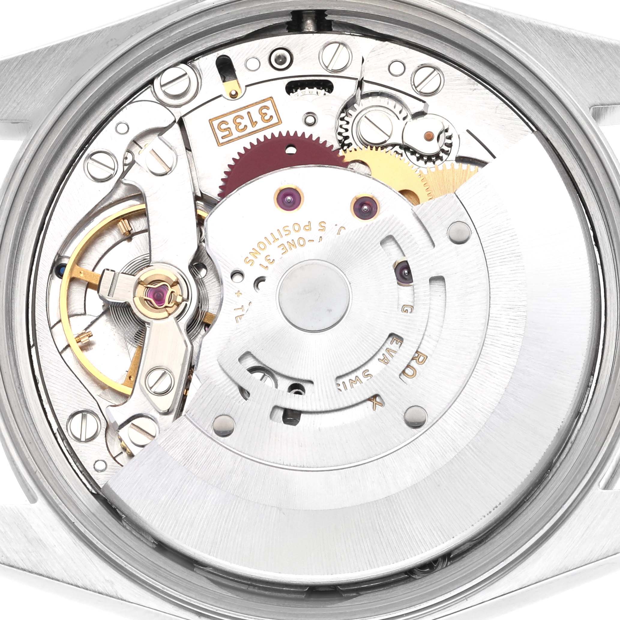 The image shows the internal mechanism of a Rolex Date 15200 Men's Stainless Steel Silver Dial 15200 Men's Stainless Steel Silver Dial watch, including gears and the balance wheel at a top-down angle.