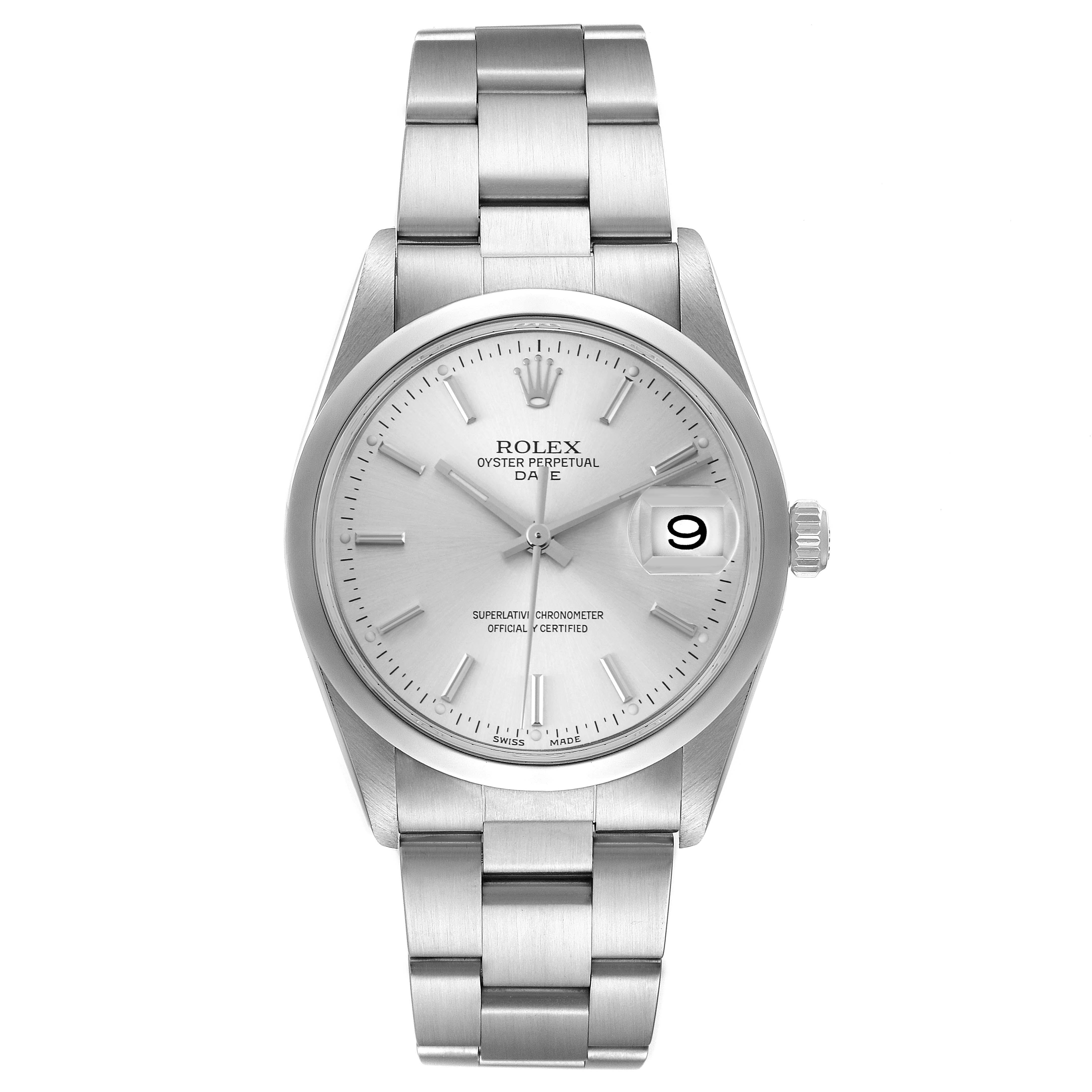 The Rolex Date 15200 Men's Stainless Steel Silver Dial 15200 Men's Stainless Steel Silver Dial watch is shown from a front angle, displaying the dial, bezel, bracelet, and date feature.