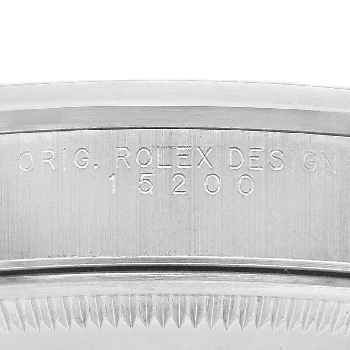 The image shows a close-up of the case back and side engraving of a Rolex Date 15200 Men's Stainless Steel Silver Dial 15200 Men's Stainless Steel Silver Dial model, displaying the design number.