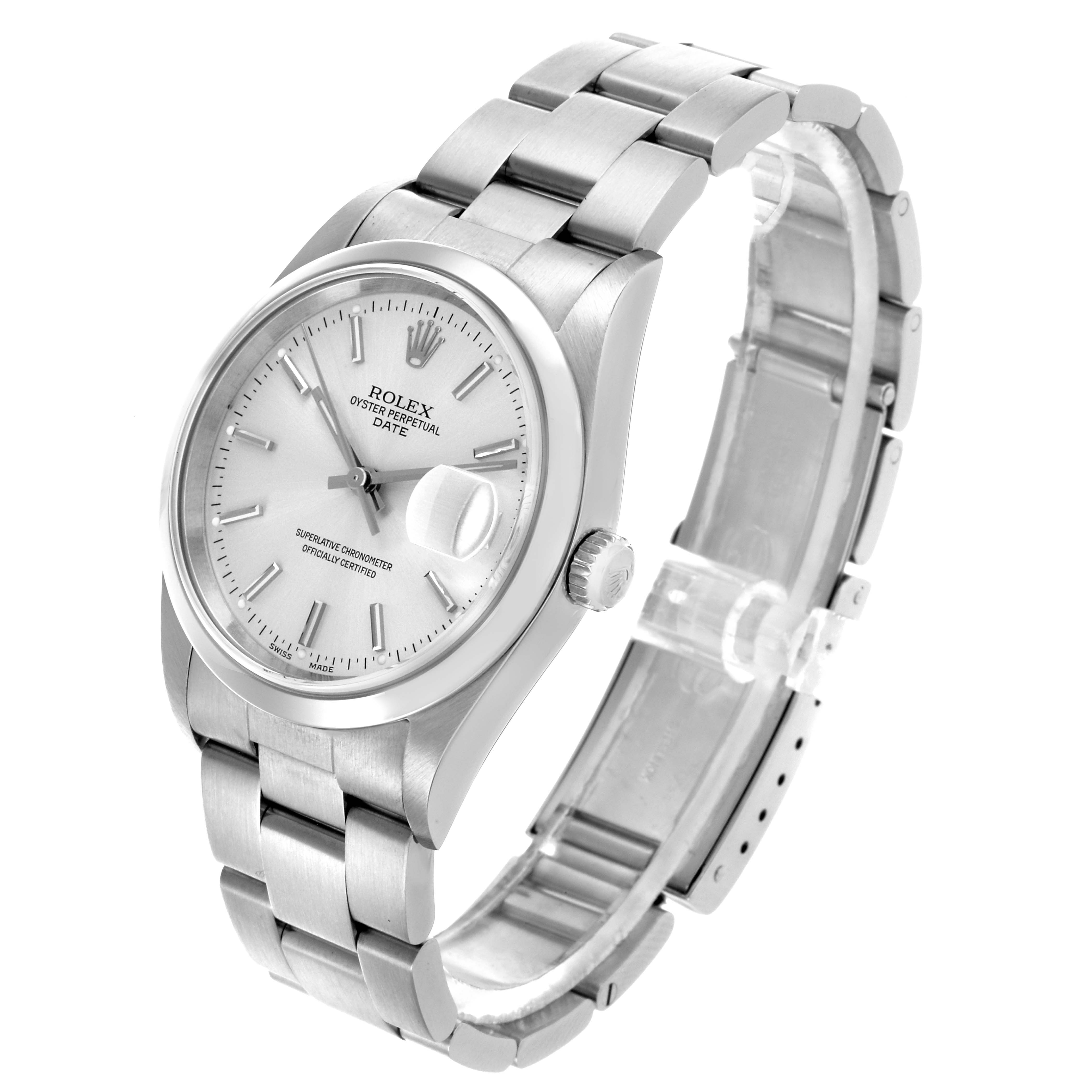 The image shows a side view of the Rolex Date 15200 Men's Stainless Steel Silver Dial 15200 Men's Stainless Steel Silver Dial watch, displaying the dial, crown, and bracelet links.