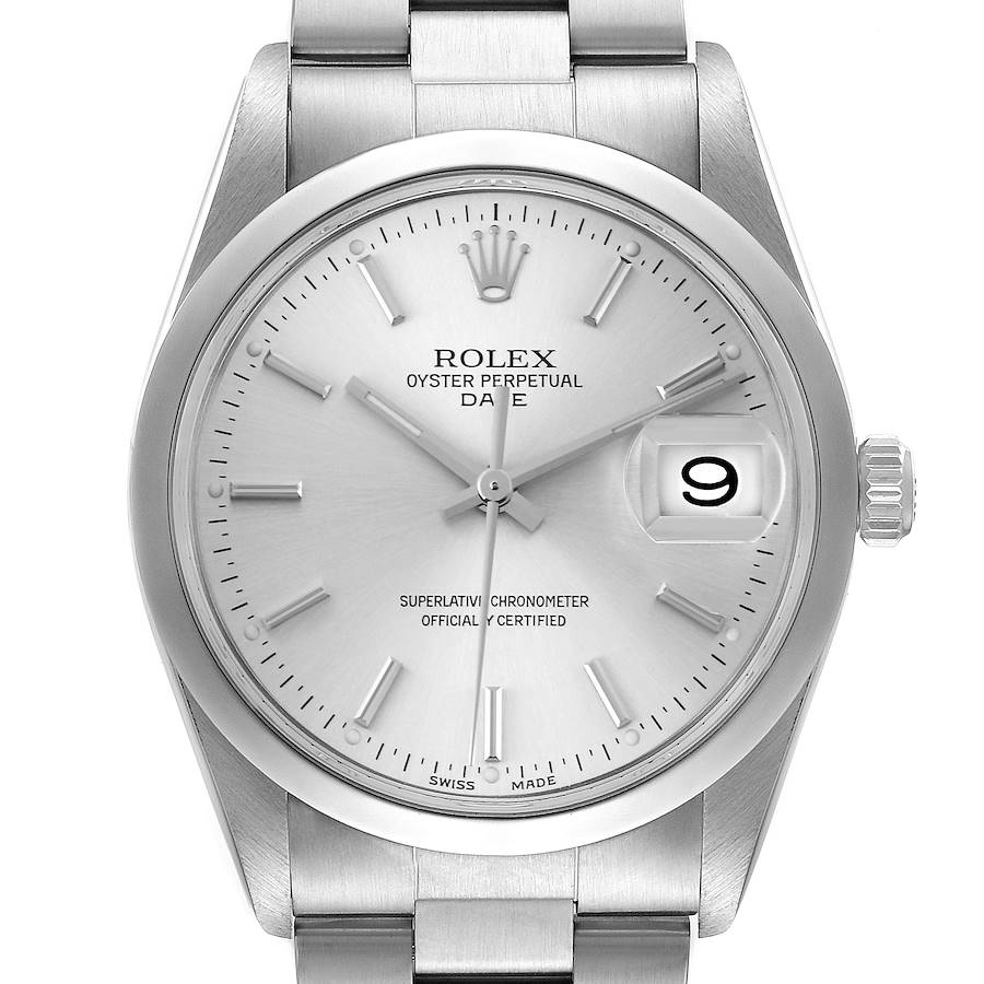 The image shows a front view of the Rolex Date watch, highlighting the dial, bezel, crown, and part of the bracelet.