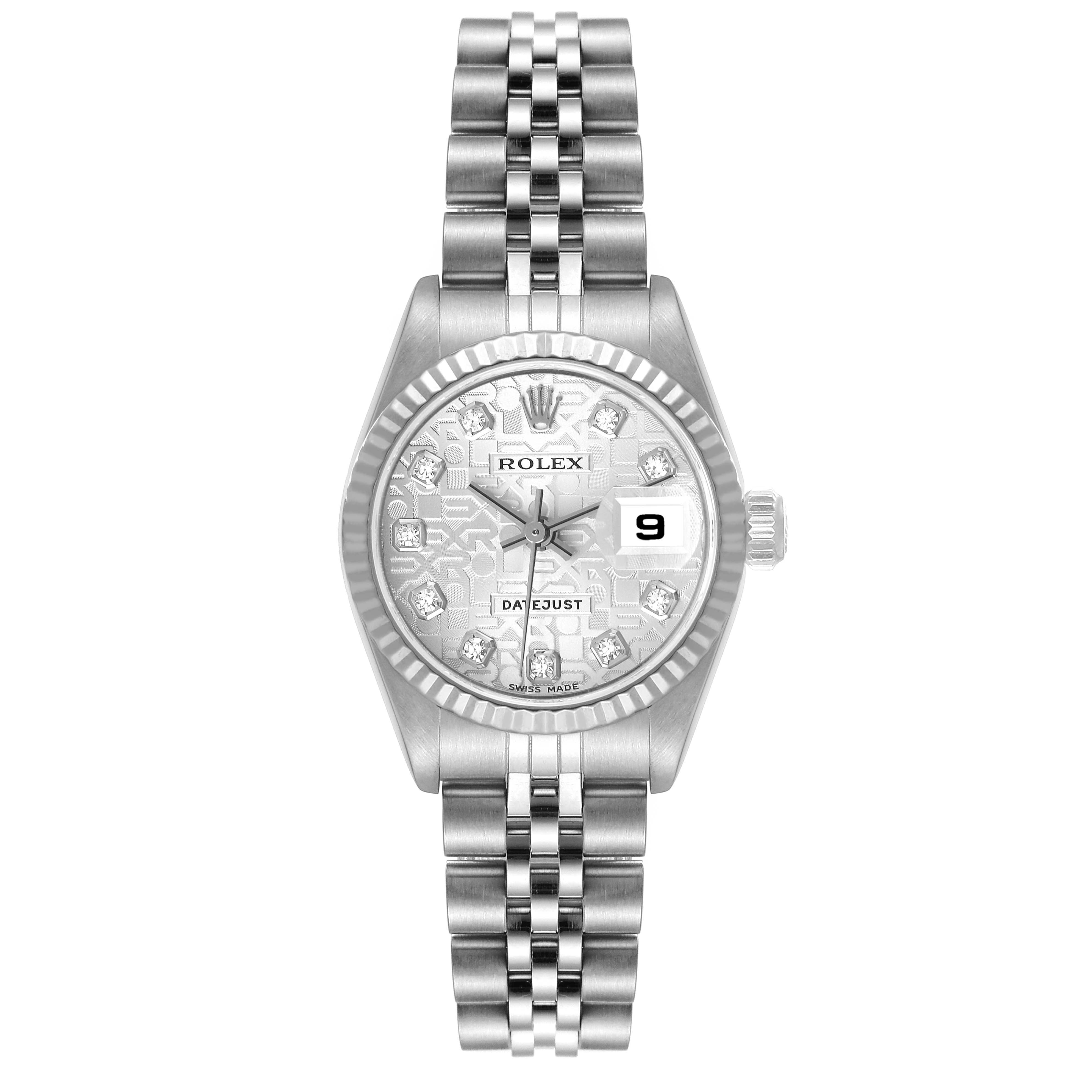 This image shows a Rolex Datejust 79174 Women's Stainless Steel Silver Dial 79174 Women's Stainless Steel Silver Dial watch from a front angle, featuring its dial, bezel, bracelet, and crown.