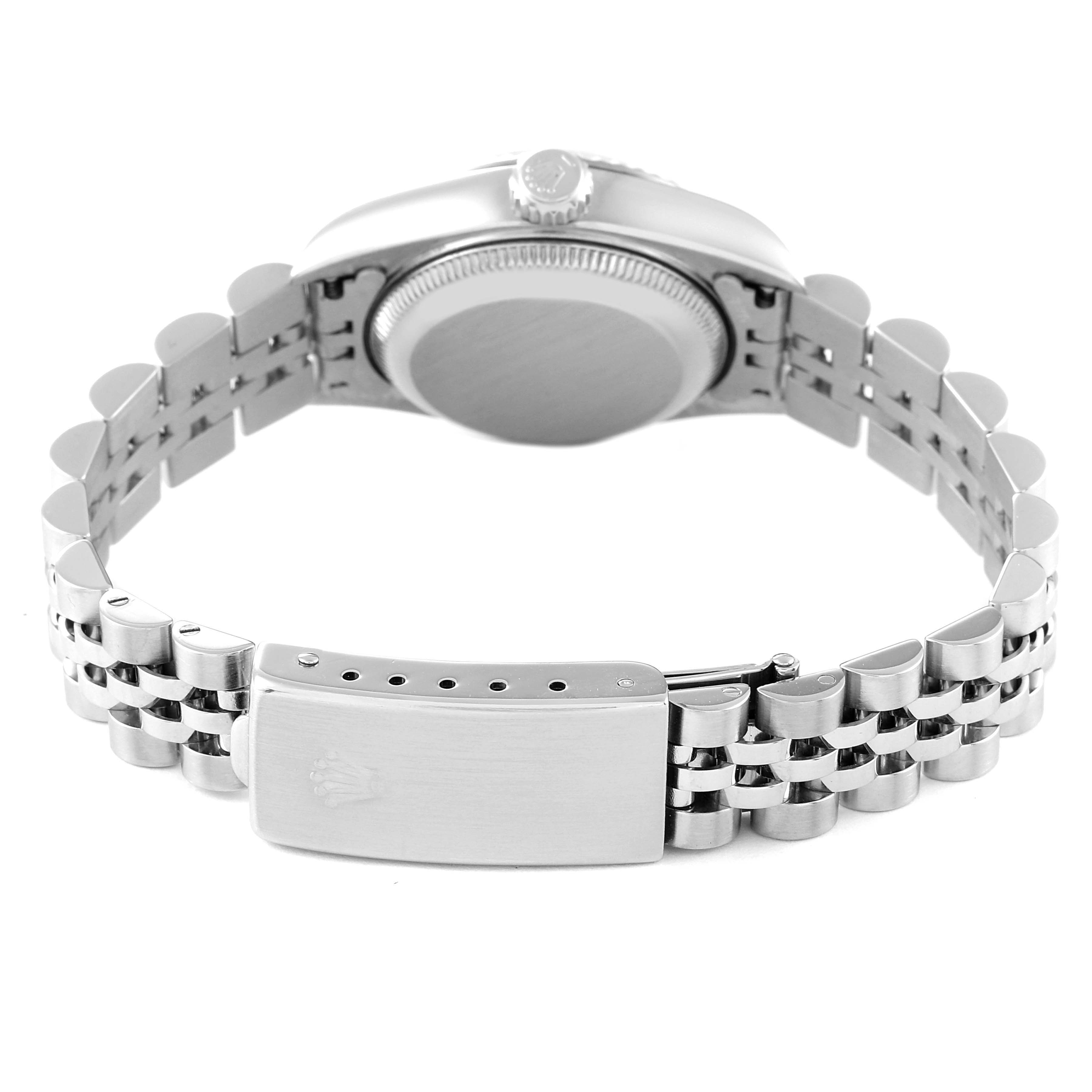 This image shows the back and clasp of a Rolex Datejust 79174 Women's Stainless Steel Silver Dial 79174 Women's Stainless Steel Silver Dial watch from a slightly angled rear view.