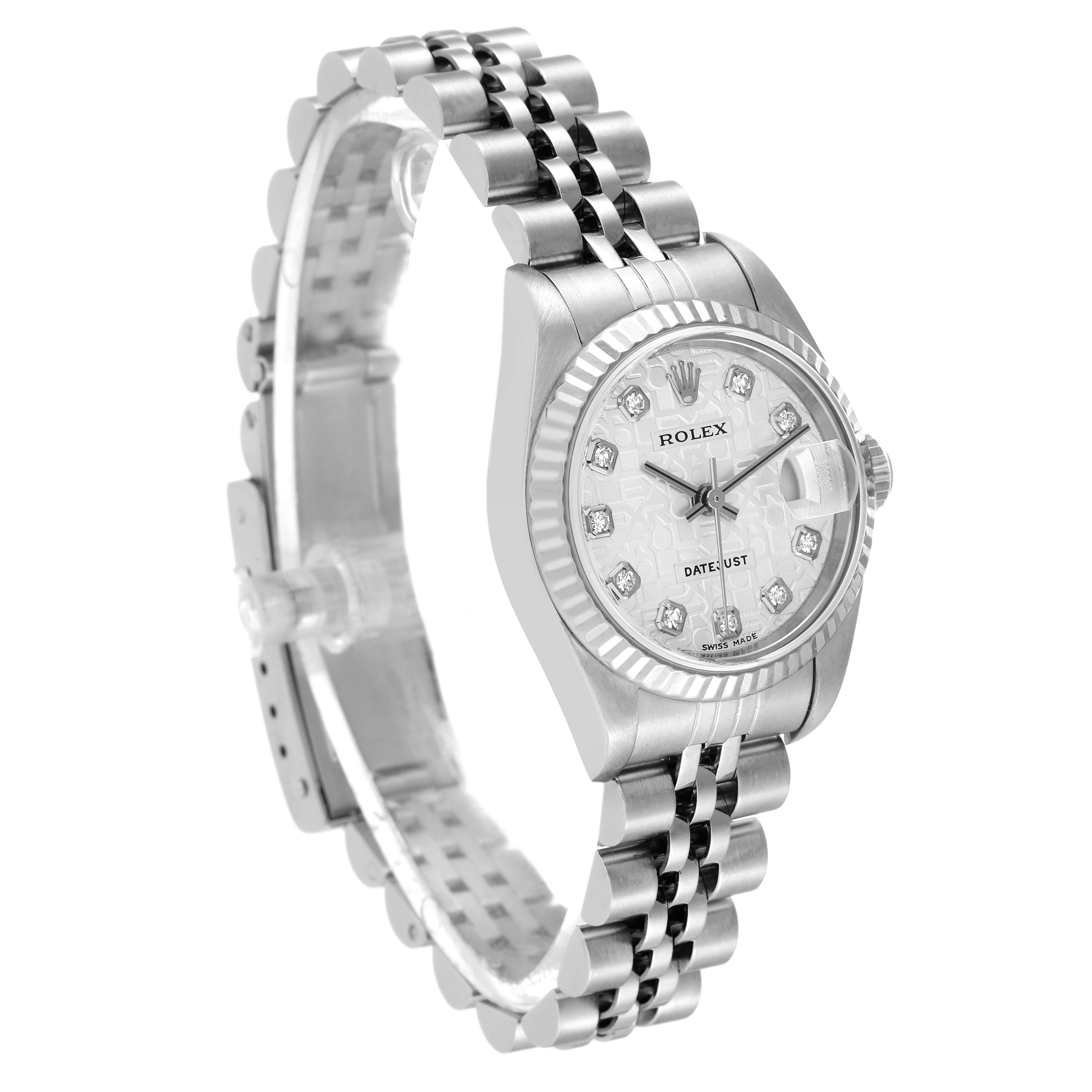 The Rolex Datejust 79174 Women's Stainless Steel Silver Dial 79174 Women's Stainless Steel Silver Dial watch is shown from a three-quarter angle, displaying the bracelet, dial, bezel, and watch face.