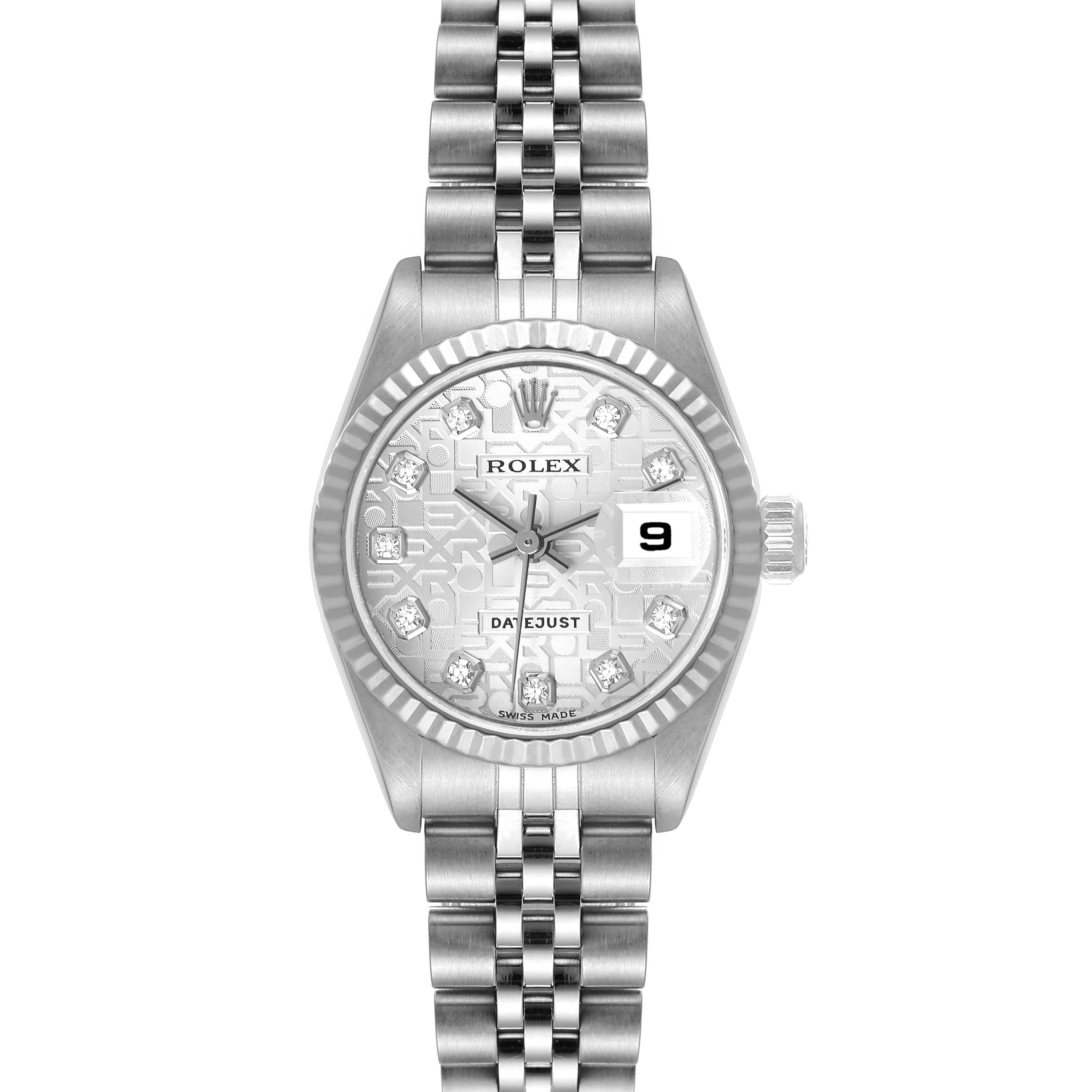 The image shows a front view of a Rolex Datejust 79174 Women's Stainless Steel Silver Dial 79174 Women's Stainless Steel Silver Dial watch, highlighting its dial, bezel, and bracelet.