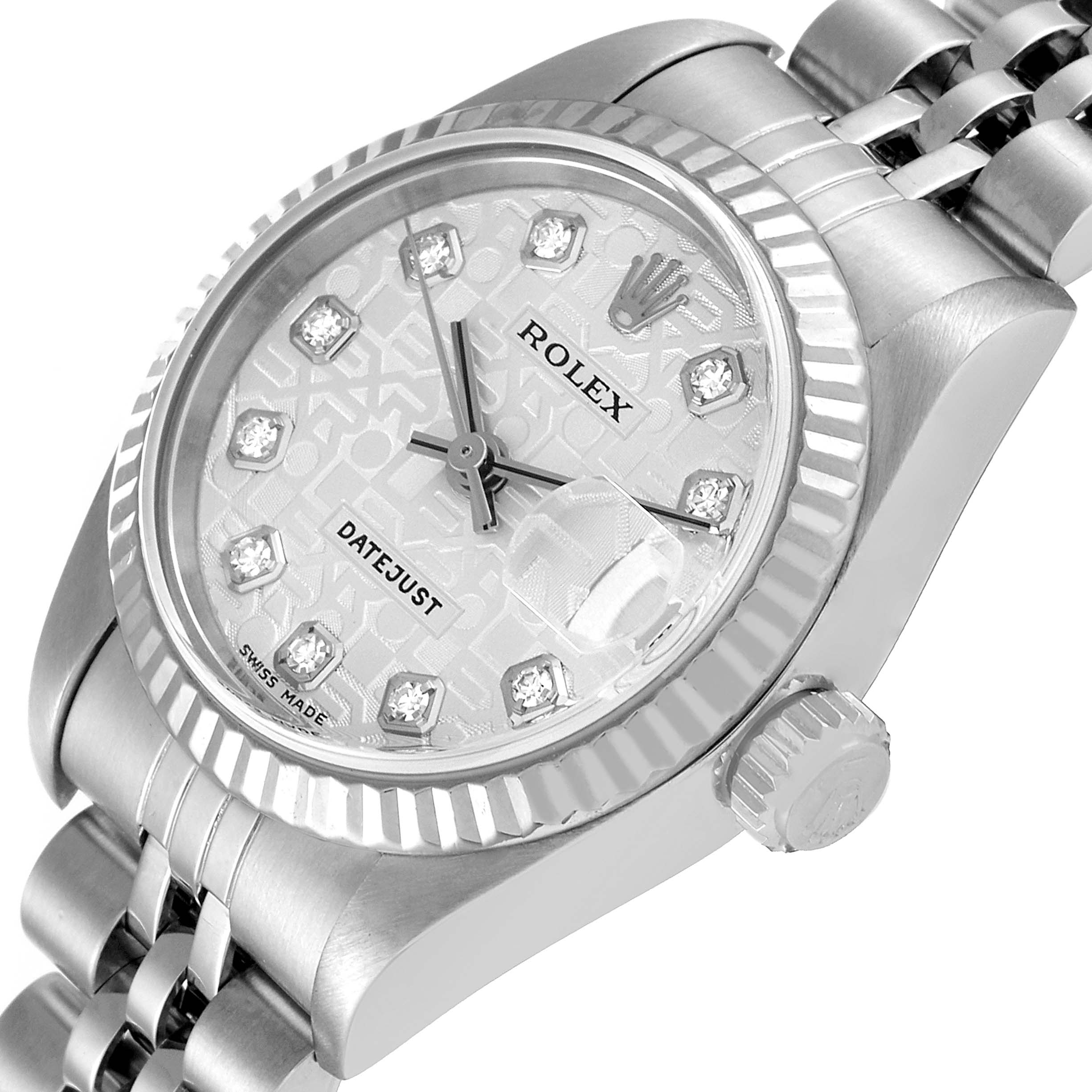 The image shows a close-up angled view of the Rolex Datejust 79174 Women's Stainless Steel Silver Dial 79174 Women's Stainless Steel Silver Dial watch, highlighting the dial, bezel, crown, and part of the bracelet.