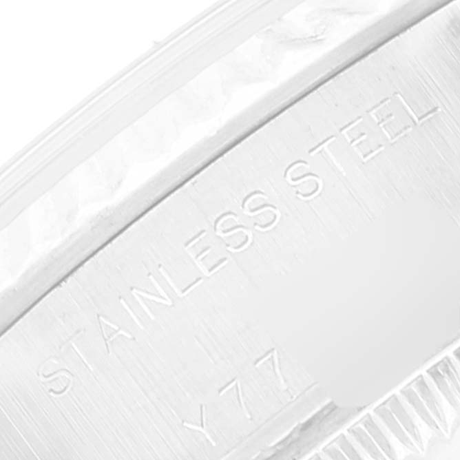 This image shows a close-up of the back case engraving on a Rolex Datejust 79174 Women's Stainless Steel Silver Dial 79174 Women's Stainless Steel Silver Dial watch, highlighting "Stainless Steel" text.