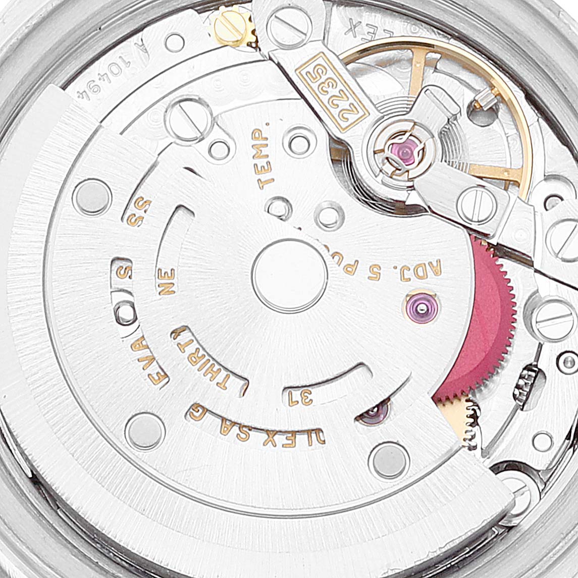 The image shows a close-up view of the Rolex Datejust 79174 Women's Stainless Steel Silver Dial 79174 Women's Stainless Steel Silver Dial watch's internal mechanism and components.