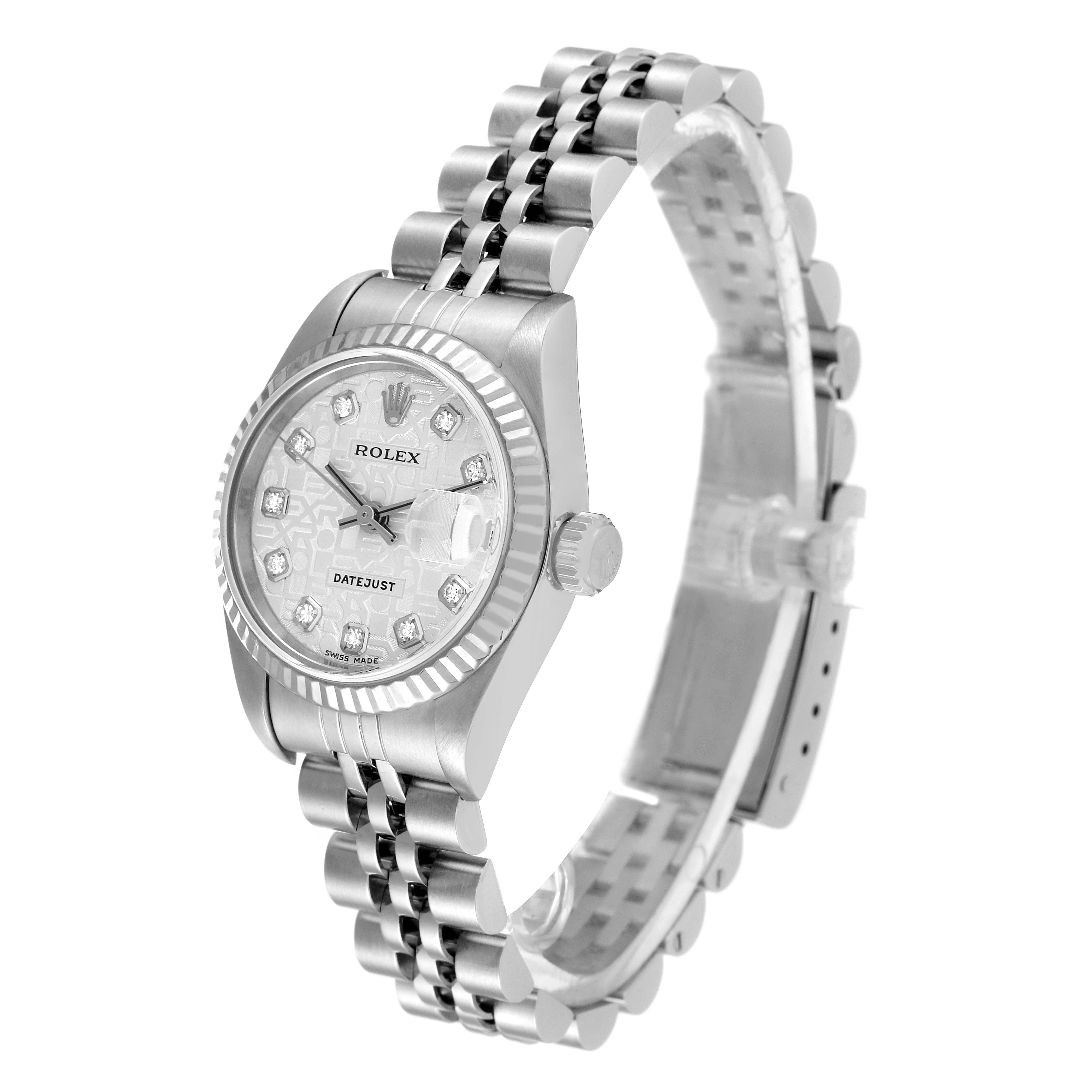 This image shows a Rolex Datejust 79174 Women's Stainless Steel Silver Dial 79174 Women's Stainless Steel Silver Dial watch angled from the front, highlighting its face, bezel, crown, and bracelet.