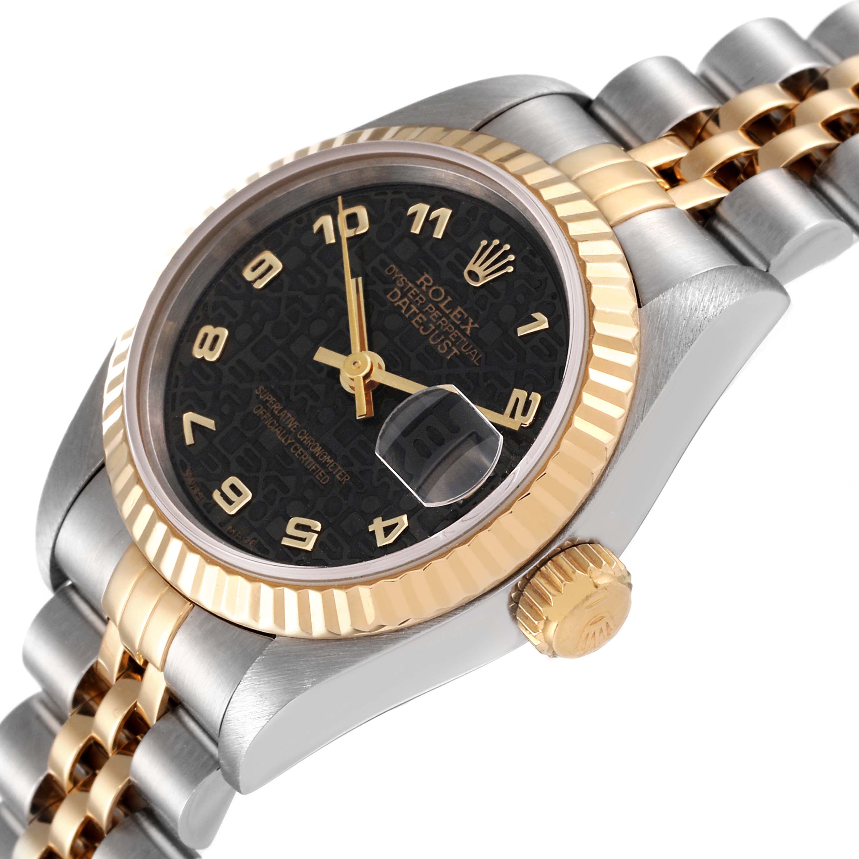 This image shows a close-up angled view of a Rolex Datejust 69173 Women's Steel and Gold (two tone) Black Dial 69173 Women's Steel and Gold (two tone) Black Dial watch, highlighting the dial, fluted bezel, crown, and part of the bracelet.