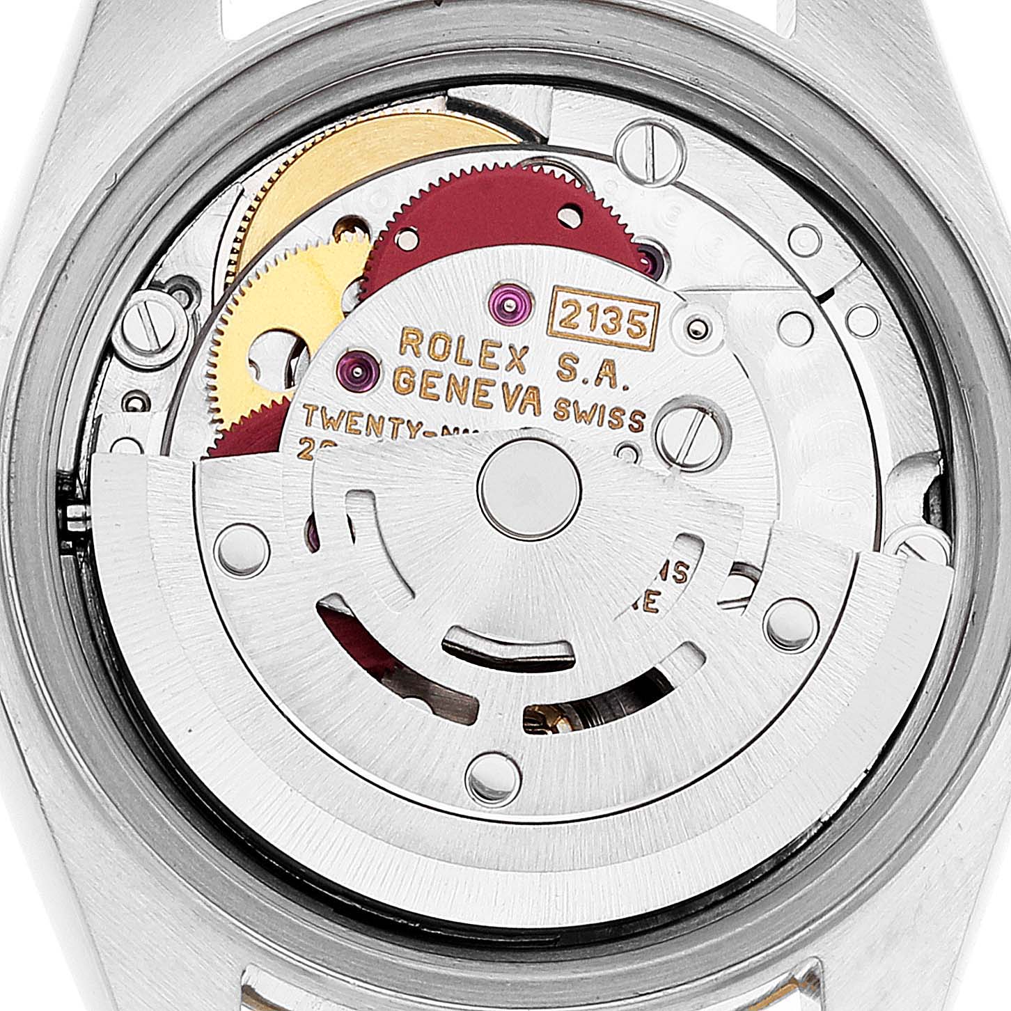 This image shows an inside view of the Rolex Datejust 69173 Women's Steel and Gold (two tone) Black Dial 69173 Women's Steel and Gold (two tone) Black Dial watch, highlighting its intricate movement and mechanics.