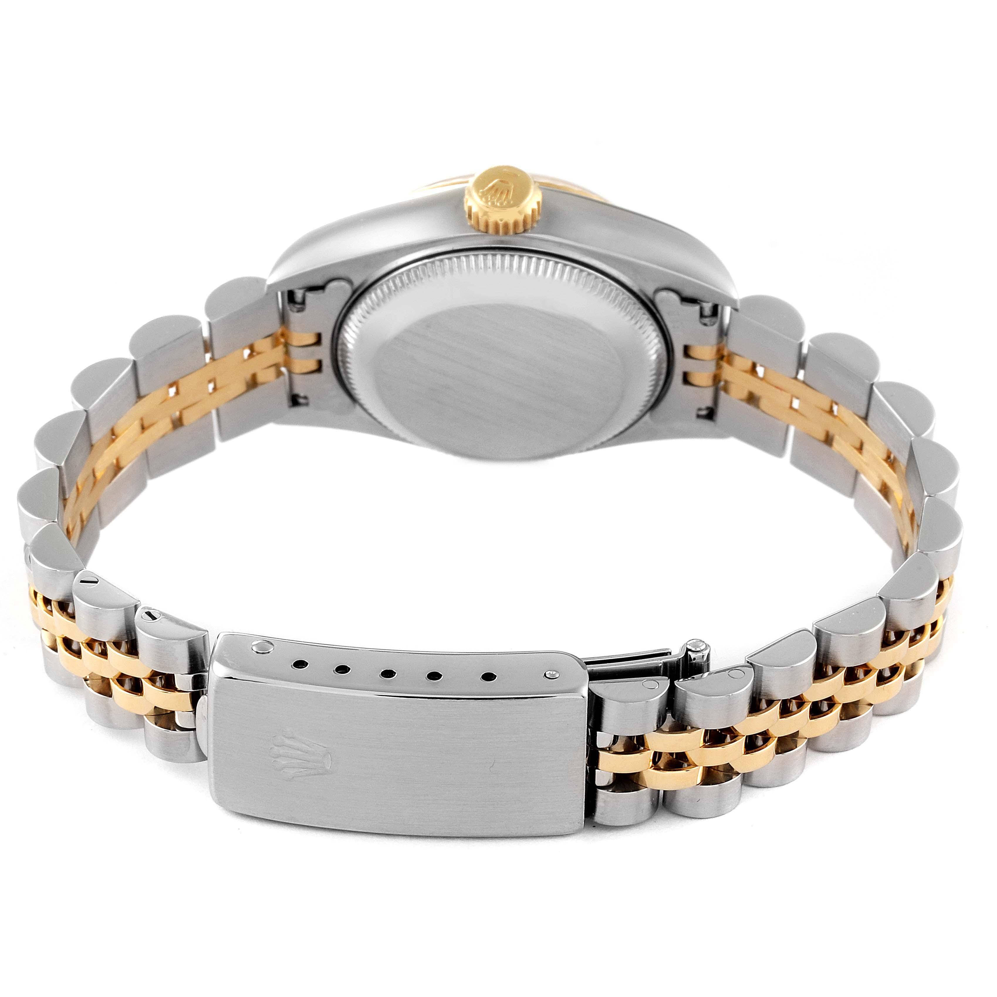 This image shows the back and bracelet of a Rolex Datejust 69173 Women's Steel and Gold (two tone) Black Dial 69173 Women's Steel and Gold (two tone) Black Dial watch, focusing on the clasp and case back.