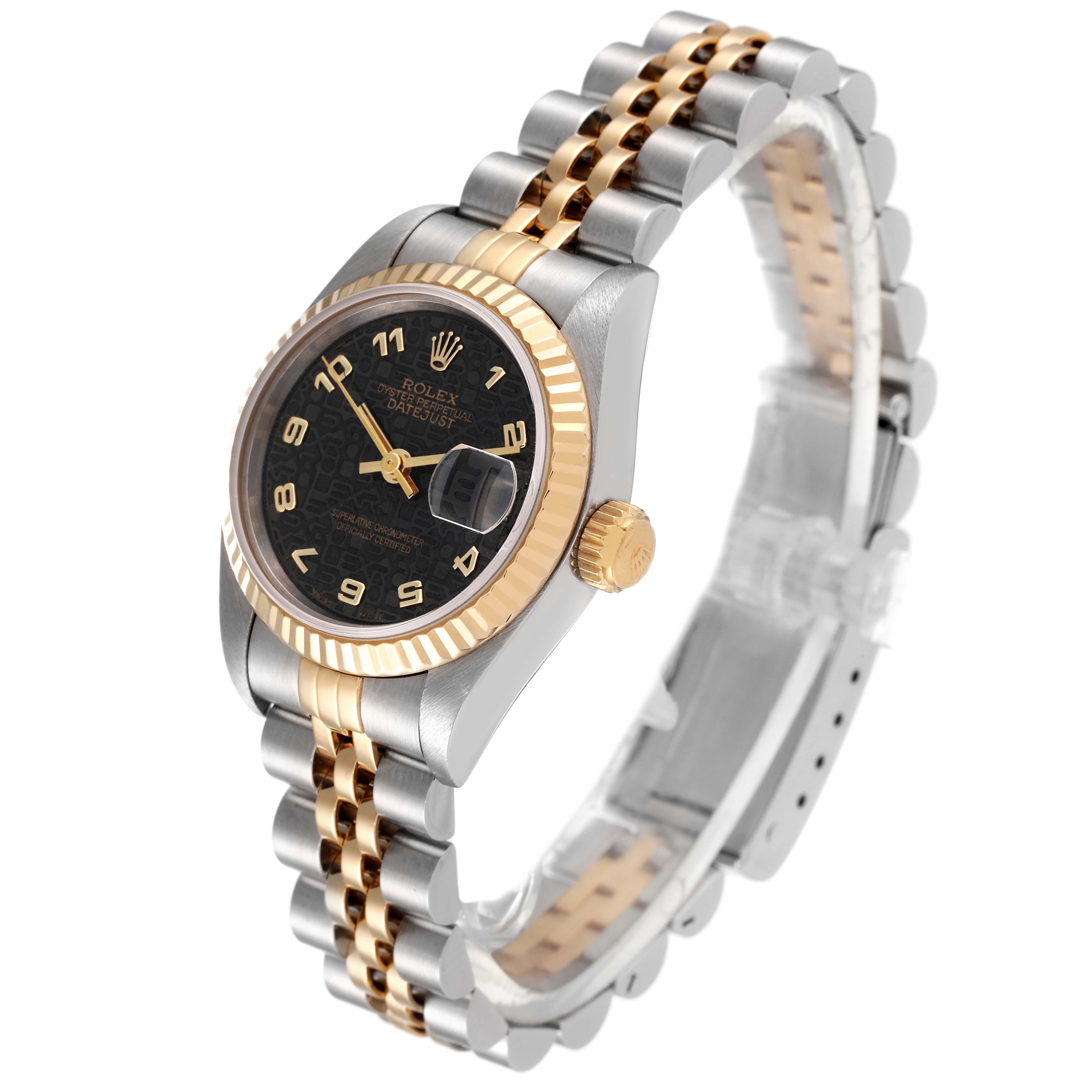 The image shows a Rolex Datejust 69173 Women's Steel and Gold (two tone) Black Dial 69173 Women's Steel and Gold (two tone) Black Dial watch at a three-quarter angle highlighting its black dial, two-tone bracelet, and fluted bezel.