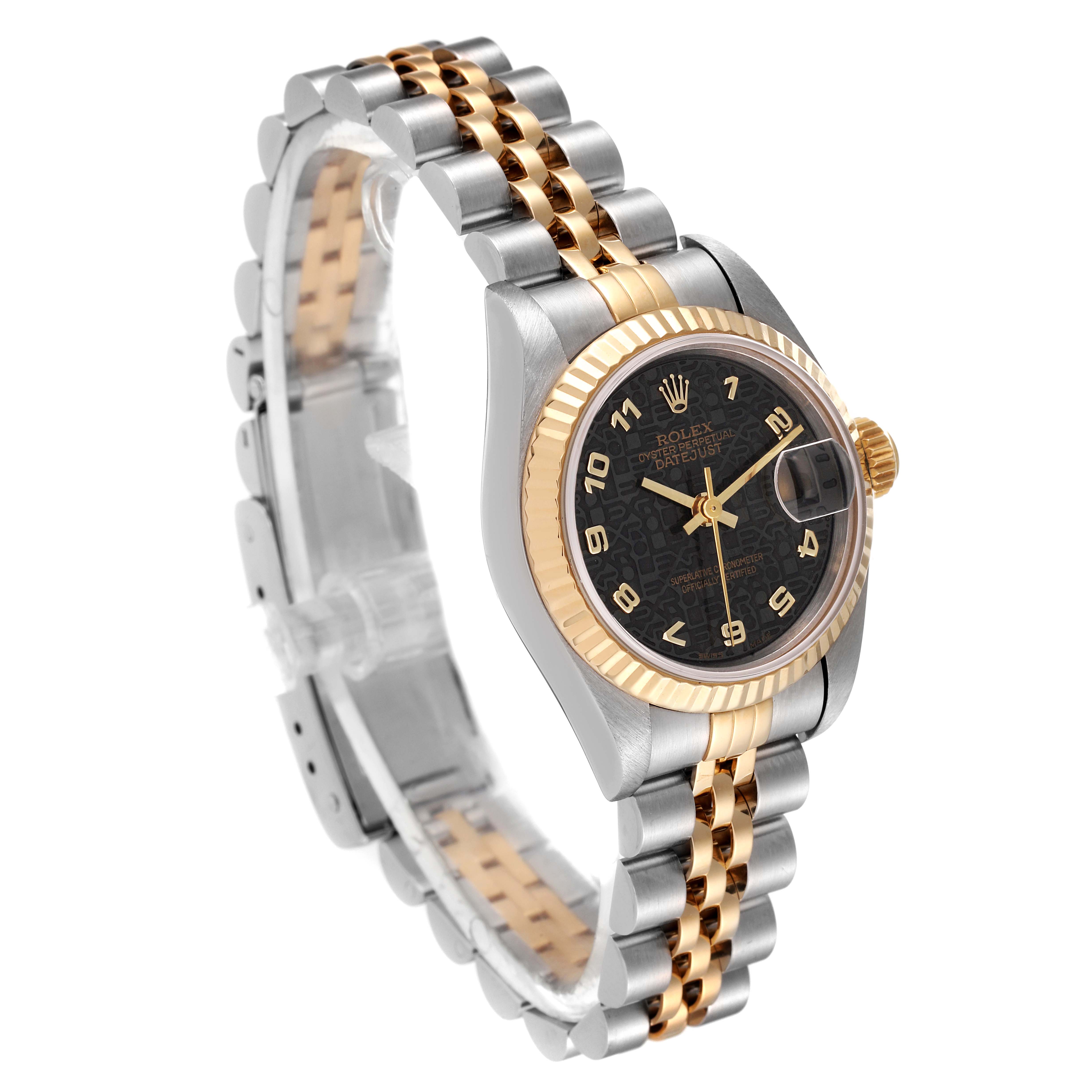 This image shows a Rolex Datejust 69173 Women's Steel and Gold (two tone) Black Dial 69173 Women's Steel and Gold (two tone) Black Dial watch at a three-quarter angle, highlighting its bi-metal band, fluted bezel, and black dial.