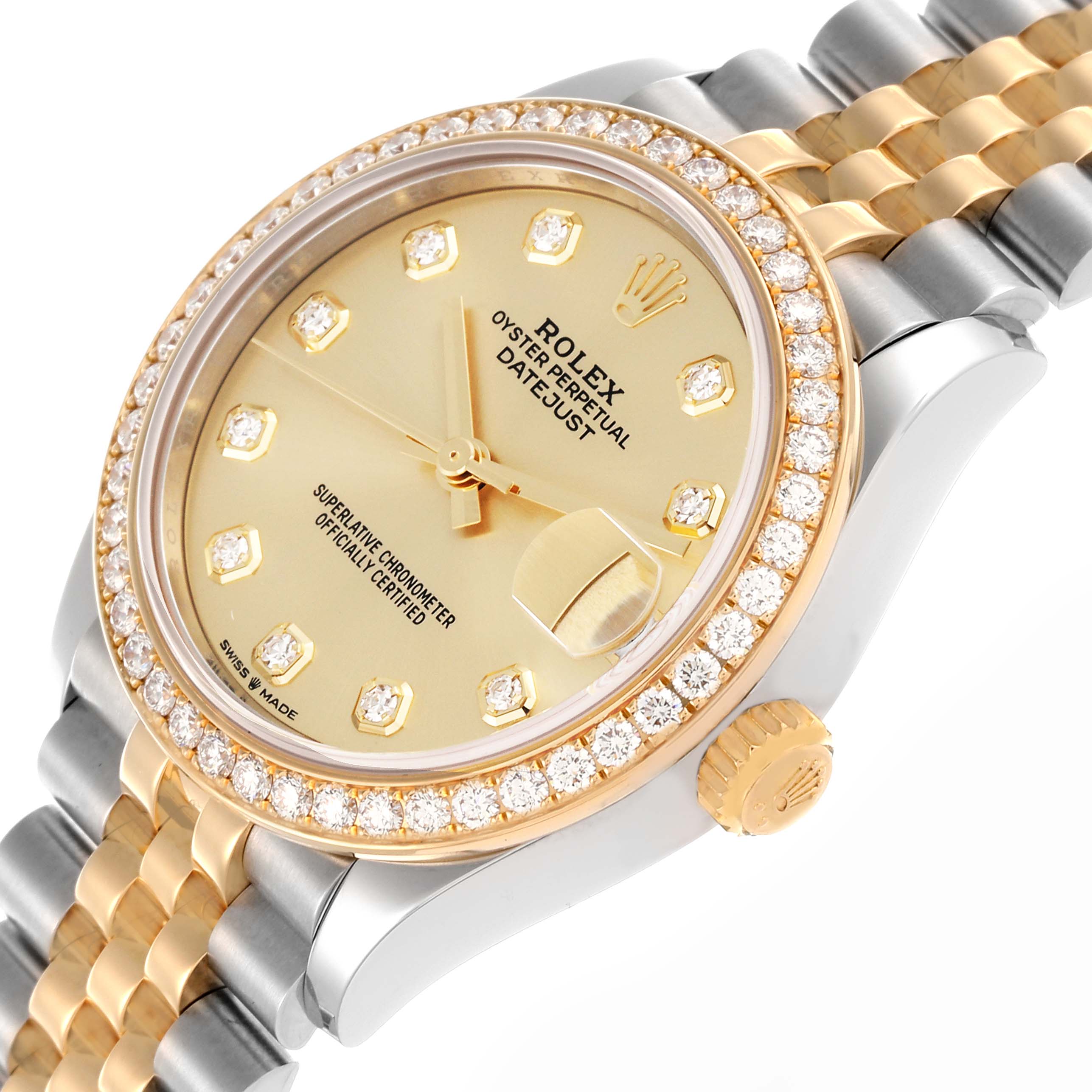 The Rolex Datejust watch is shown at a slight angle highlighting the dial, bezel, crown, and two-tone bracelet.