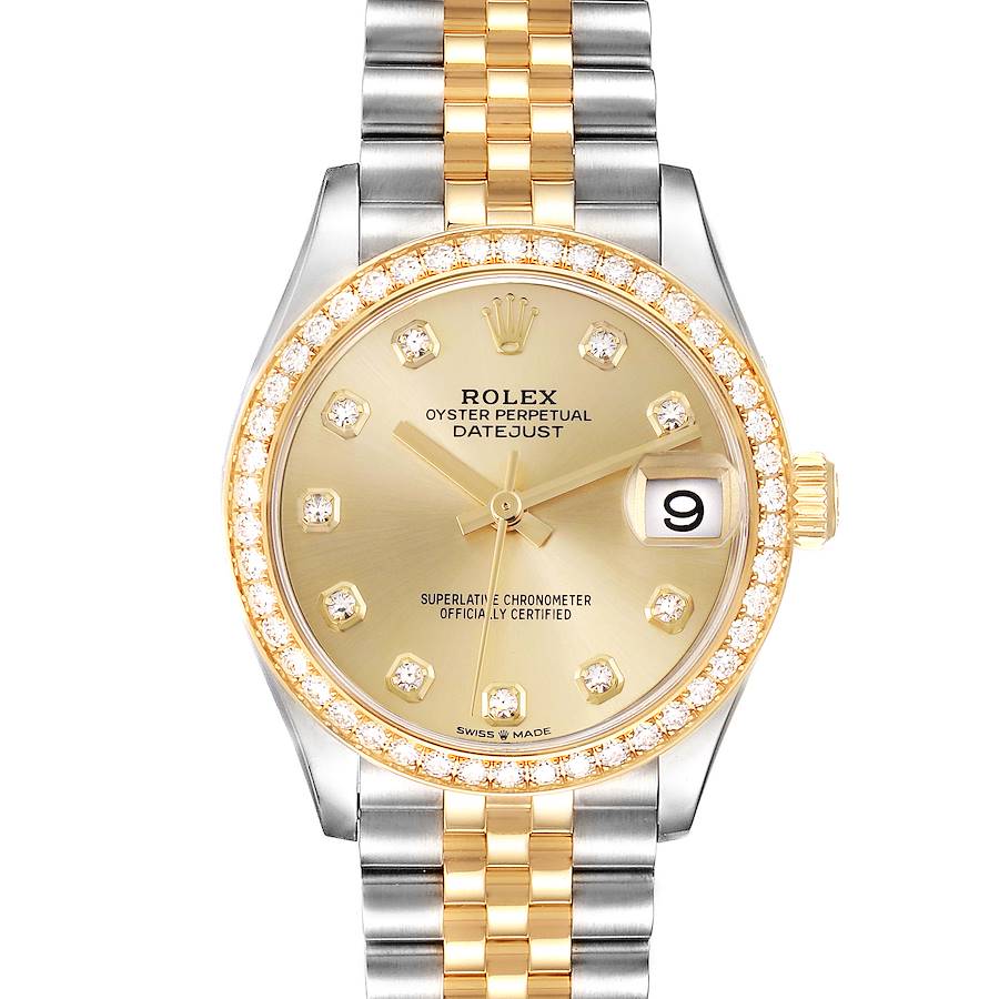 The Rolex Datejust Mid-Size model is shown from the front, featuring its dial, bezel, crown, and bracelet.