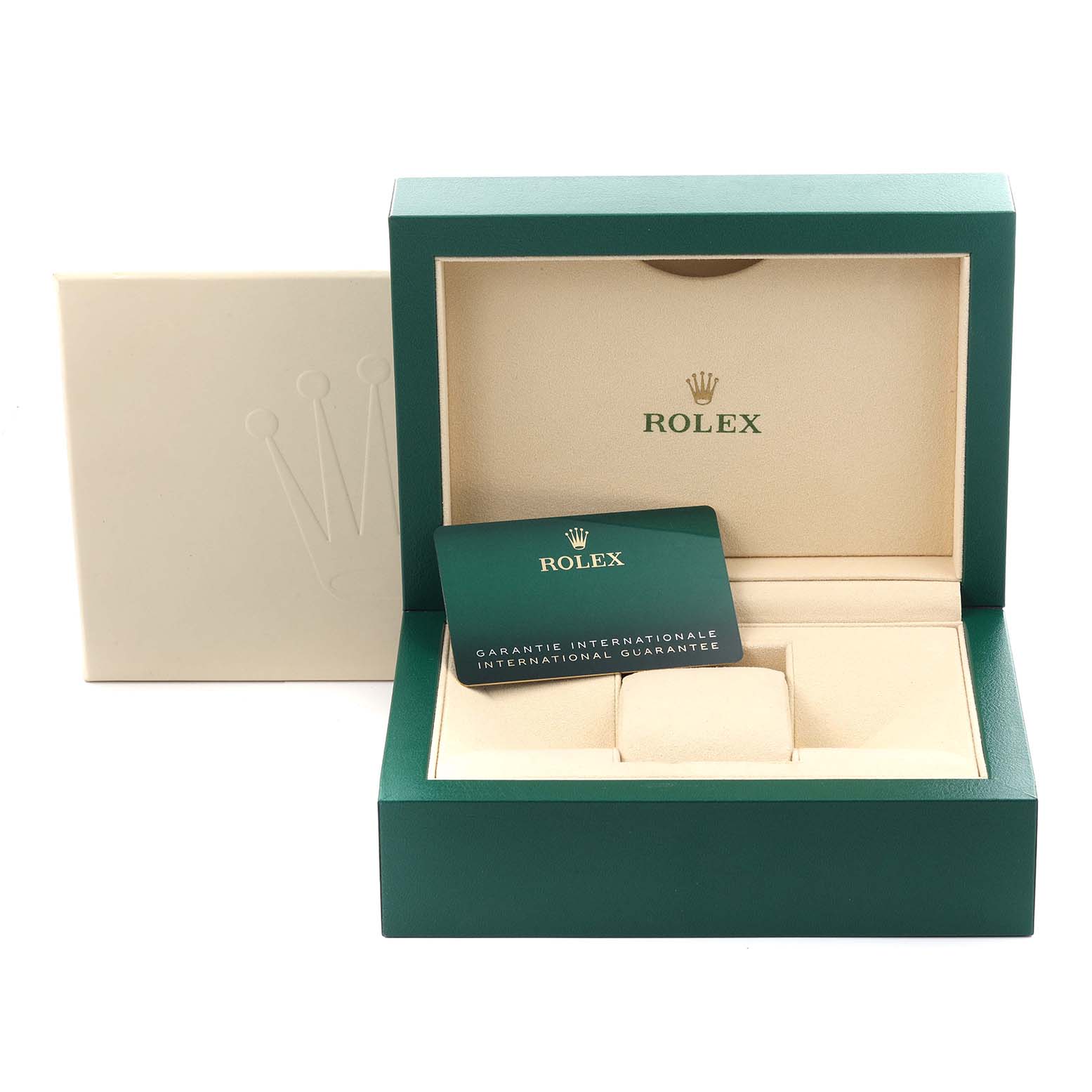 The image shows the packaging and warranty card for a Rolex Mid-Size 278383RBR Women's Steel and Gold (two tone) Champagne Dial 278383RBR Women's Steel and Gold (two tone) Champagne Dial watch, featuring the box and international guarantee card.