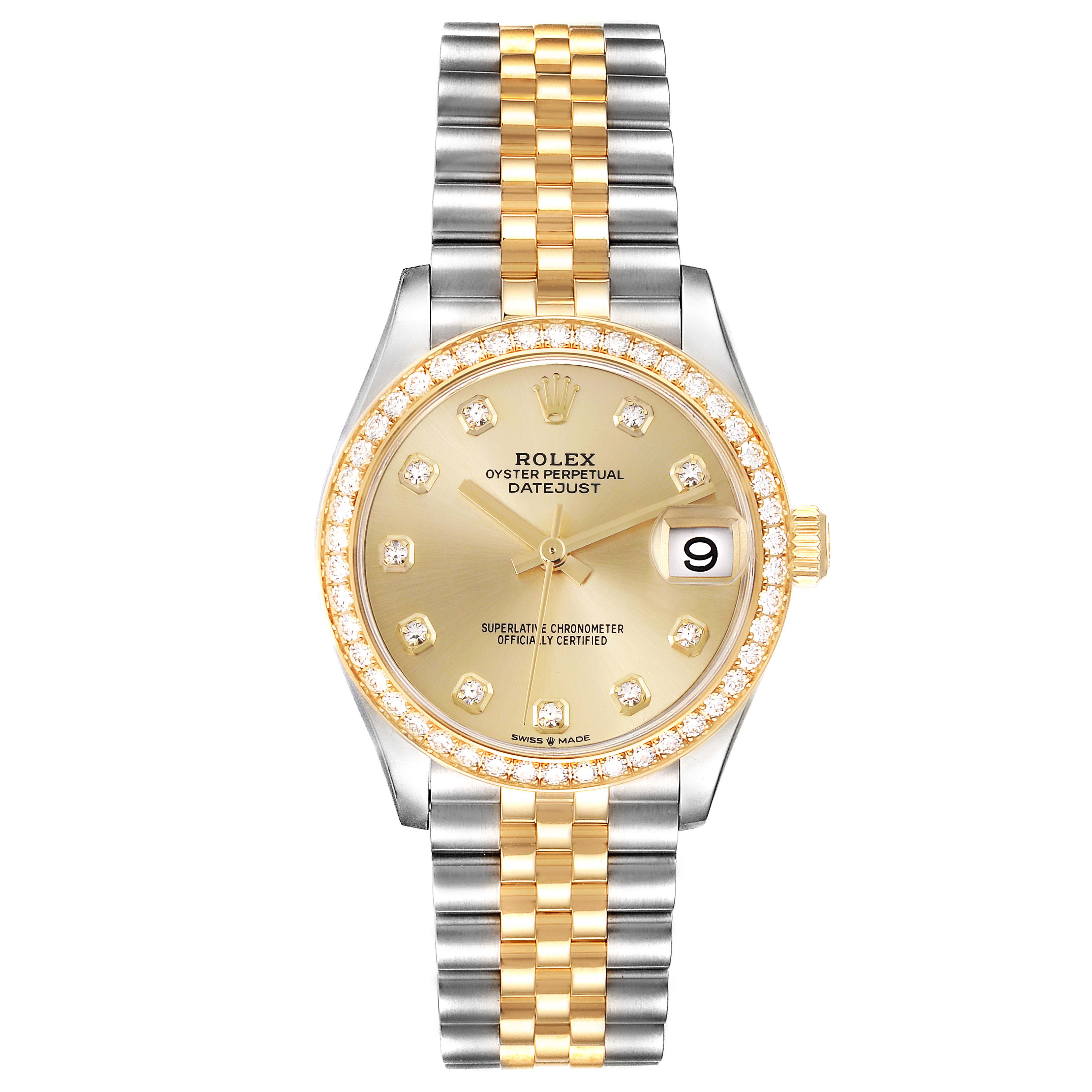 The Rolex Datejust Mid-Size watch is shown from a front angle, highlighting the face, bezel, and two-tone bracelet.
