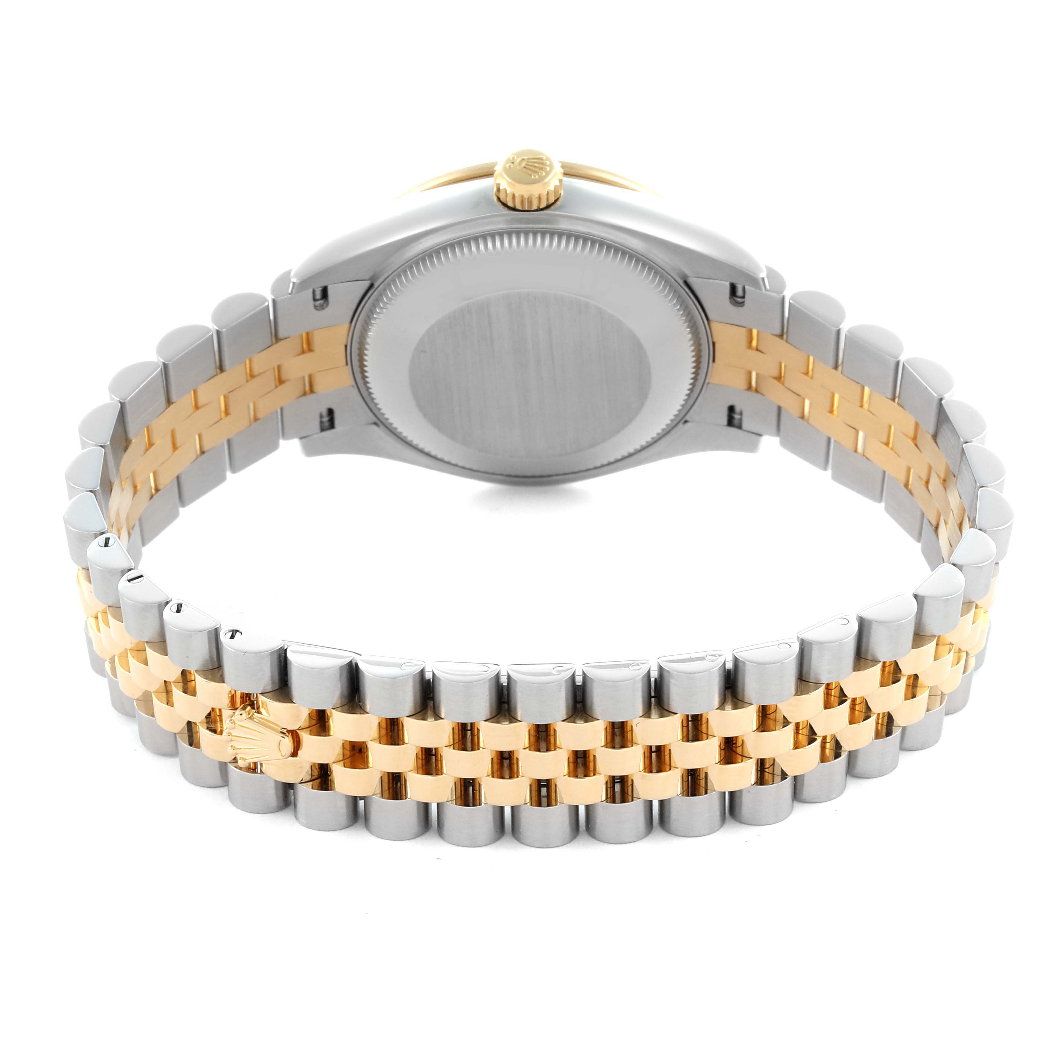 The image shows the back and side of a Rolex Mid-Size 278383RBR Women's Steel and Gold (two tone) Champagne Dial 278383RBR Women's Steel and Gold (two tone) Champagne Dial model, highlighting the case back and bicolored bracelet.
