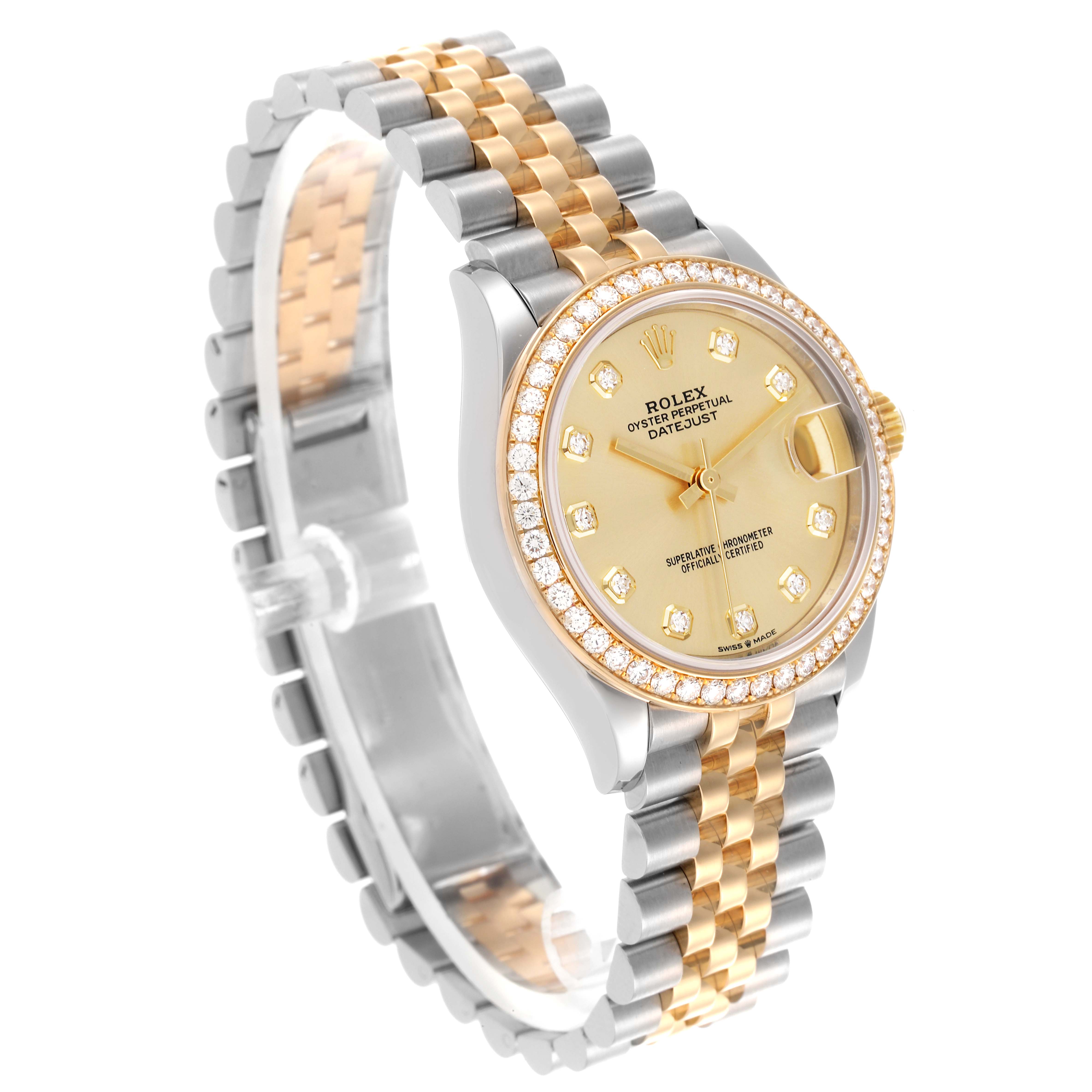 The Rolex Mid-Size 278383RBR Women's Steel and Gold (two tone) Champagne Dial 278383RBR Women's Steel and Gold (two tone) Champagne Dial watch is shown at a three-quarter angle, highlighting the face, bezel, and two-tone bracelet.