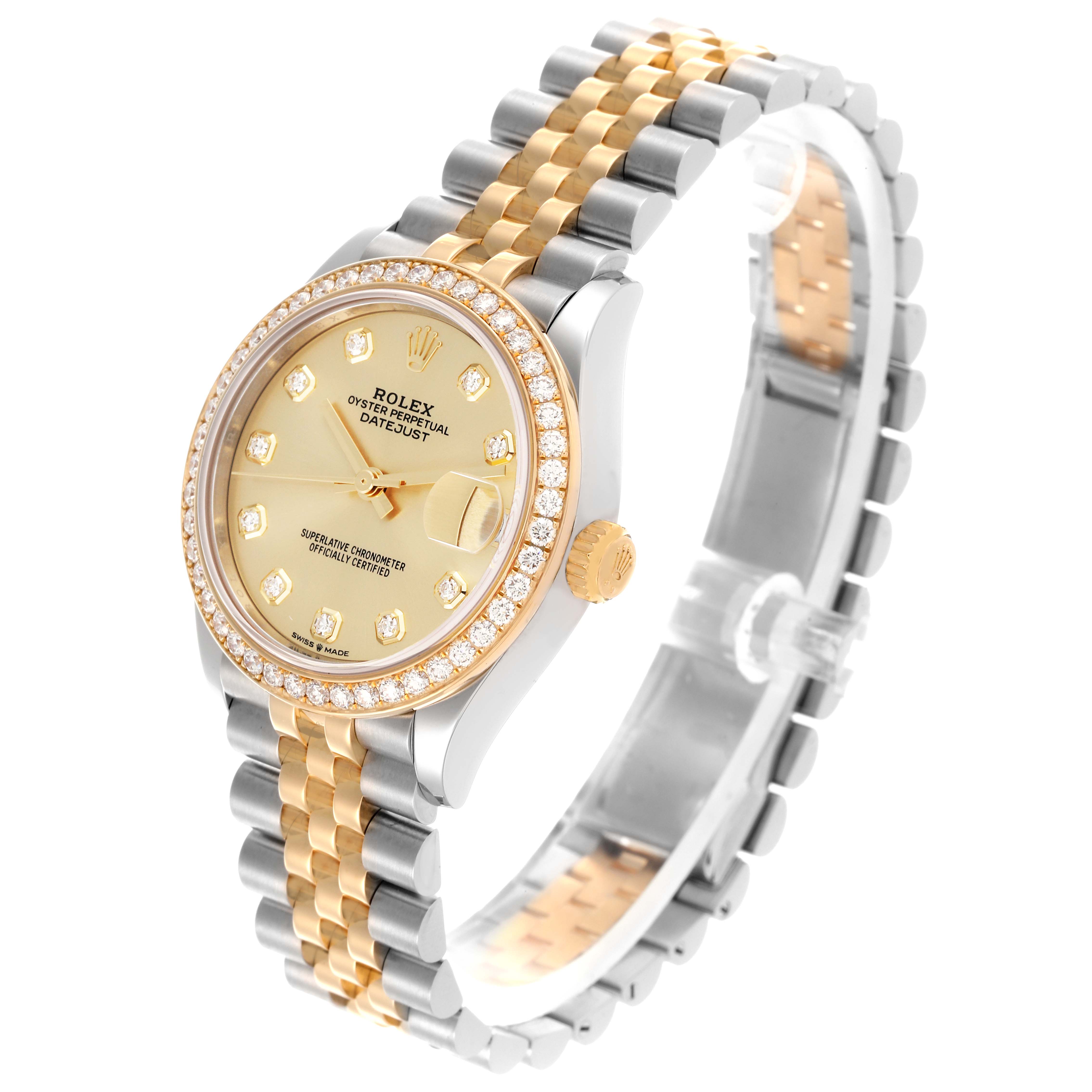 The Rolex Mid-Size 278383RBR Women's Steel and Gold (two tone) Champagne Dial 278383RBR Women's Steel and Gold (two tone) Champagne Dial watch is shown at a three-quarter angle, displaying the face, bezel, and part of the bracelet.