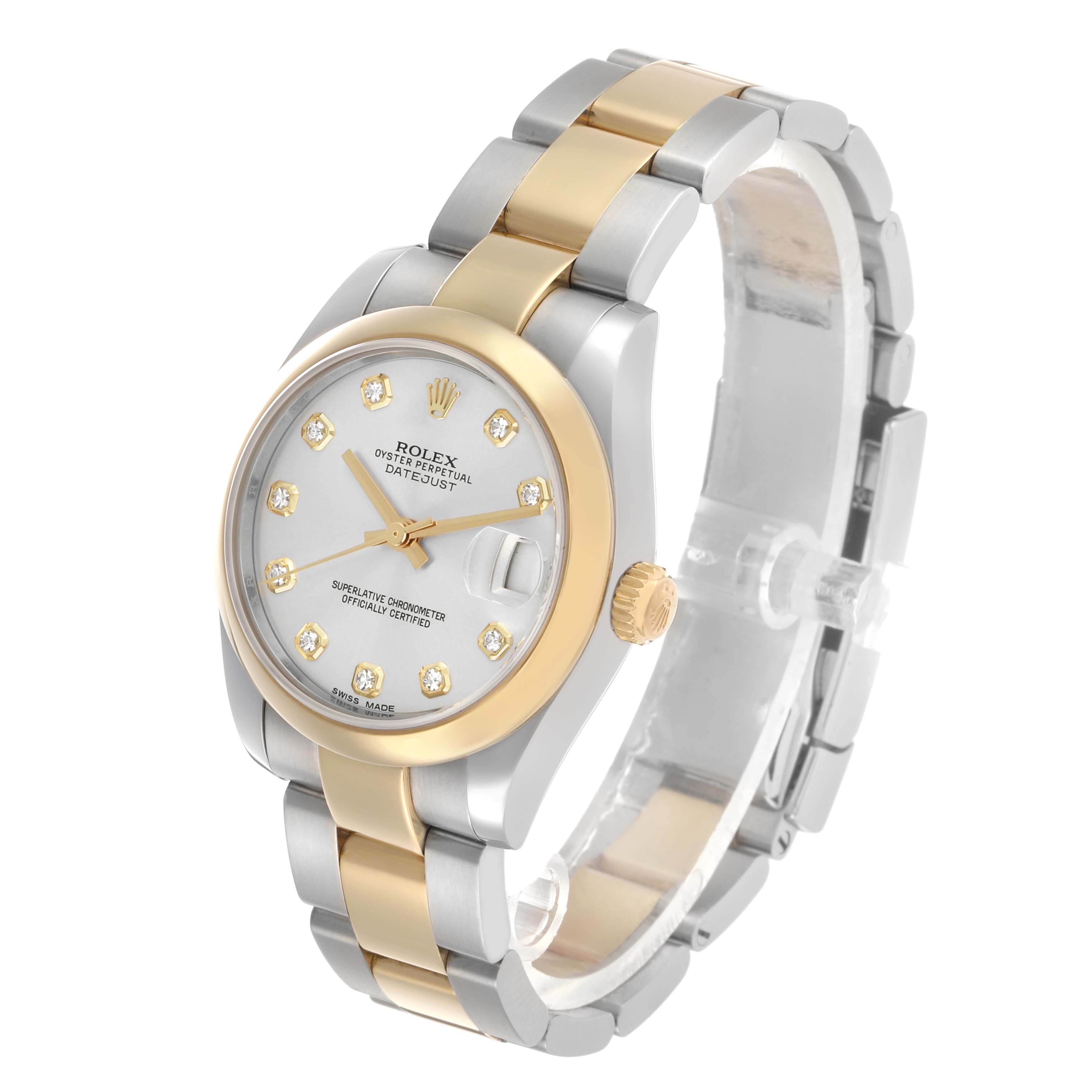 The image shows a Rolex Datejust Mid-Size watch at a three-quarter angle, displaying the face, bezel, crown, and bracelet.