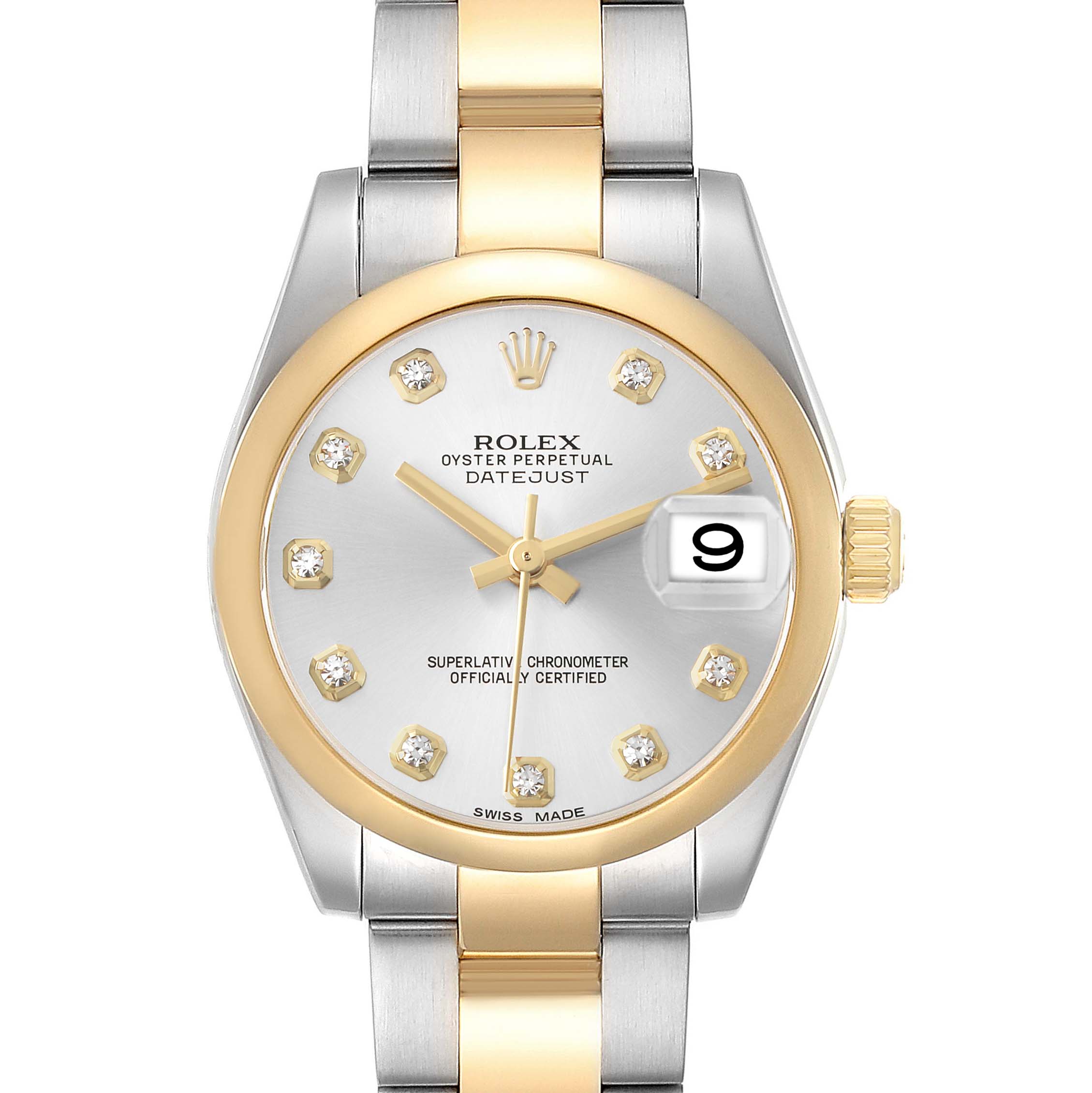 The image shows a frontal view of a Rolex Datejust Mid-Size watch, highlighting its two-tone bracelet, gold bezel, and diamond hour markers.